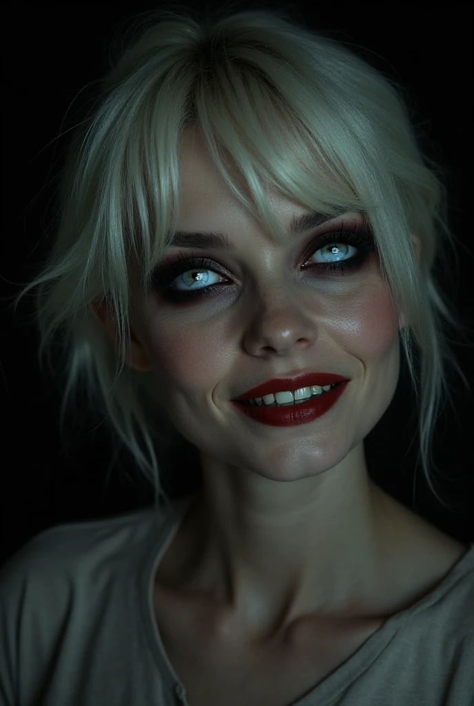 ((a photorealistic portrait of an exquisite, glamour female vampire: 1.5)) , pale face, blond hair, long vibrant shiny hair, glamorous hair, emerald green eyes, deep  eyes, red lips,  lips, ((two vampiric fangs: 1.5), drops of blood dripping from the mouth, ((1920's style: 1.5)), (highest quality:1.2, Very detailed, up to date, Vibrant, Ultra-high resolution, High Contrast, masterpiece:1.2, highest quality, Best aesthetics), best details, best quality, highres, ultra wide angle, 16k, [ultra detailed], masterpiece, best quality, (extremely detailed), Genetically modified..., Cinematic Hollywood Film, traditional watercolor painting