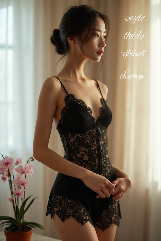((top quality, 8k, masterpiece: 1.3)), beautiful  Japan woman in perfect style: 1.4, slender abs: 1.3, (protruding chikubi) ((beautiful )), ((short cut brown hair, big: 1.2)), ((black lace see-through camisole: 1.2)), (night bedroom)), kneeling, highly detailed face and skin texture, detailed eyes, double eyelids, Kinda shy, (backlit light)), tungsten lighting, ((shallow depth of field)), telephoto lens over 100mm,
