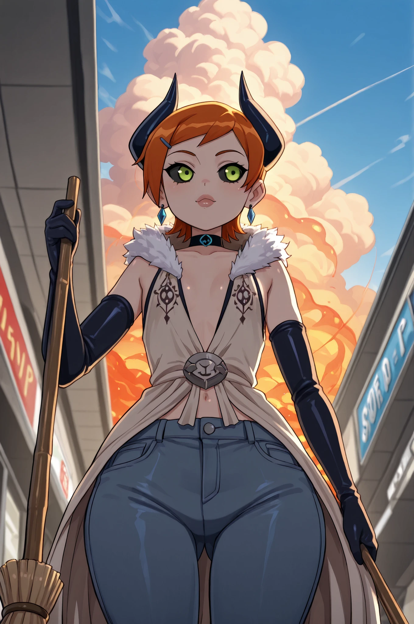 Gwen Tennyson . ginger .  very short hair . green eyes . flat breasts, flat chest, huge hips . slim body . choker . |  masterpiece, best quality, amazing quality, very aesthetic, high resolution, absurdres, detailed, detailed hair, intricate, very aesthetic, detailed background, blue sky, summer, cumulonimbus cloud, 7-eleven, convenience store, storefront, 1girl, solo, standing, straight-on, looking to the side, holding broom, score_9, score_8_up, score_7_up, score_6_up, score_5_up, score_4_up, BREAK source_anime,anime_screencap,cowboy shot, wearing edgDemoness, horns, armor,monster girl,black sclera,spikes,glowing,inferno lava background (princess,plunging neckline,from below,elbow gloves,puffy lips,lipstickce robe,dress,fur trim,jeans, shirt, embroidery),
