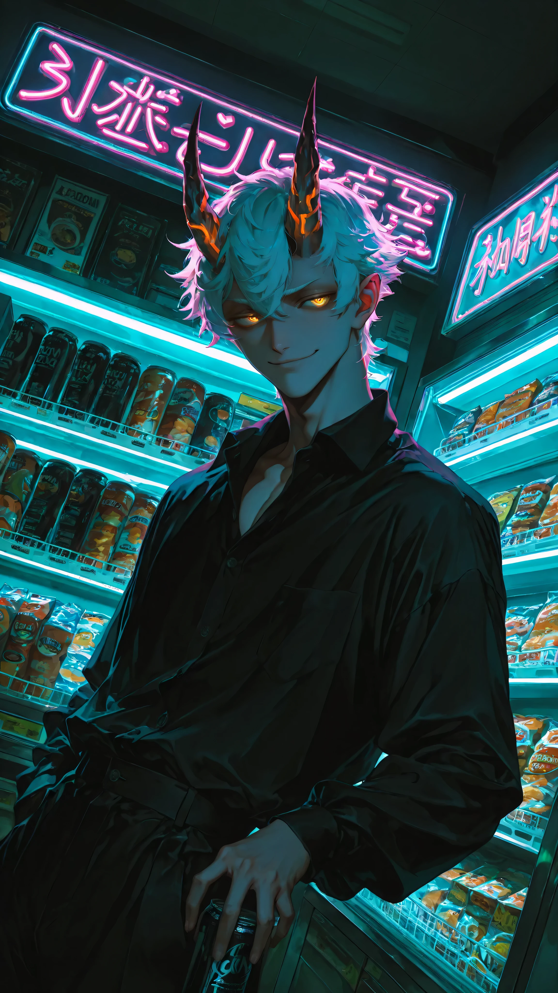 (neon aesthetic, vibrant colors, fluorescent, luminescence, chromatic lighting, moody lighting, dramatic shadows, bloom lighting, colored shadows, masterpiece: 1.3, 8k:1.3, Highest quality:1.3, detail:1.3, high resolution:1.3, digital painting, super detail),
(anime style, cinematic),
**1male, solo, masculine, muscular, bishounen, male focus,** (golden oni horns), white short hair, golden eyes, fair skin, smirk,
wearing: wearing: **black dress pants, black silk shirt slightly unbuttoned at the top, slightly exposing the torso, (segmented armored tassets)**
**standing indoors inside Hell's convenience store, leaning against glass drink freezer,**
holding a can of Boss Coffee, soft glow from freezer lights,
**store interior: crowded shelves with snacks, magazines, (konbini shelves:1.3), (neon signs inside store:1.4),**
dark atmosphere, surreal, everyday life,
**NEON NOIR, ULTRA DETAILED, ABSURDRES, HIGHRES,**
**high angle shot, looking down on character,** **dutch angle, dynamic composition,** **visible store interior layout,** aerial perspective, dramatic angle