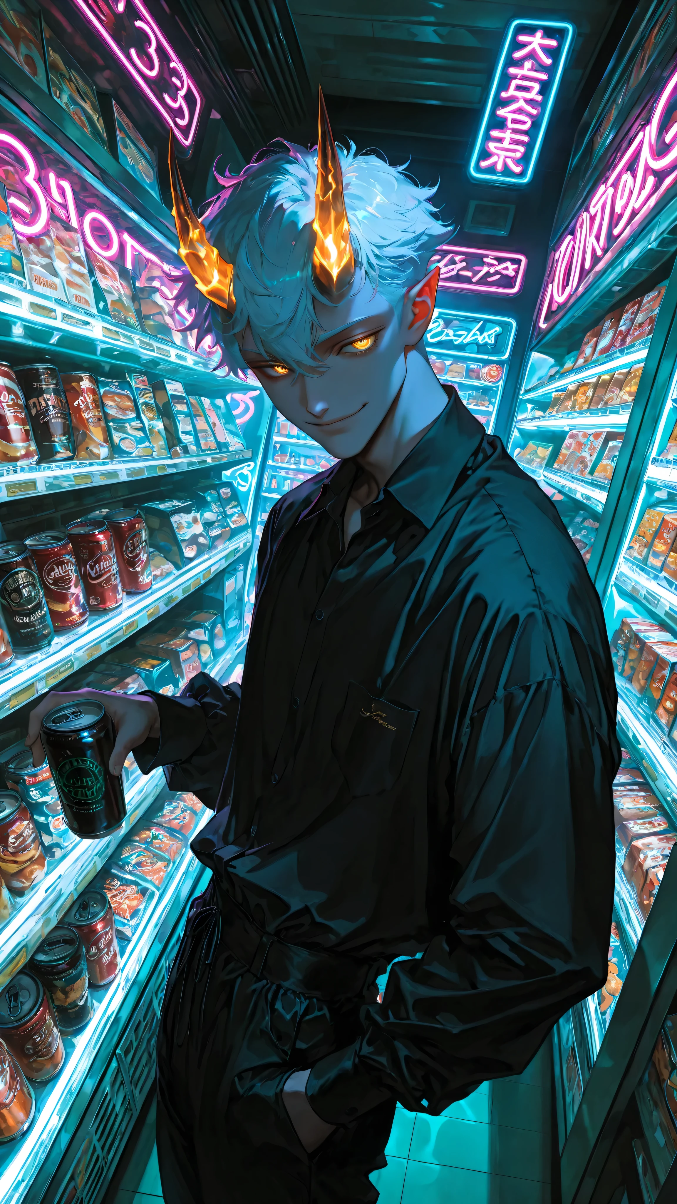 (neon aesthetic, vibrant colors, fluorescent, luminescence, chromatic lighting, moody lighting, dramatic shadows, bloom lighting, colored shadows, masterpiece: 1.3, 8k:1.3, Highest quality:1.3, detail:1.3, high resolution:1.3, digital painting, super detail),
(anime style, cinematic),
**1male, solo, masculine, muscular, bishounen, male focus,** (golden oni horns), white short hair, golden eyes, fair skin, smirk,
wearing: **black dress pants, black silk shirt slightly unbuttoned (segmented armored tassets with flame engravings over pants),**
**standing indoors inside Hell's convenience store, leaning against glass drink freezer,**
holding a can of Boss Coffee, soft glow from freezer lights,
**store interior: crowded shelves with snacks, magazines, (konbini shelves:1.3), (neon signs inside store:1.4),**
dark atmosphere, surreal, everyday life,
**NEON NOIR, ULTRA DETAILED, ABSURDRES, HIGHRES,**
**high angle shot, looking down on character,** **dutch angle, dynamic composition,** **visible store interior layout,** aerial perspective, dramatic angle