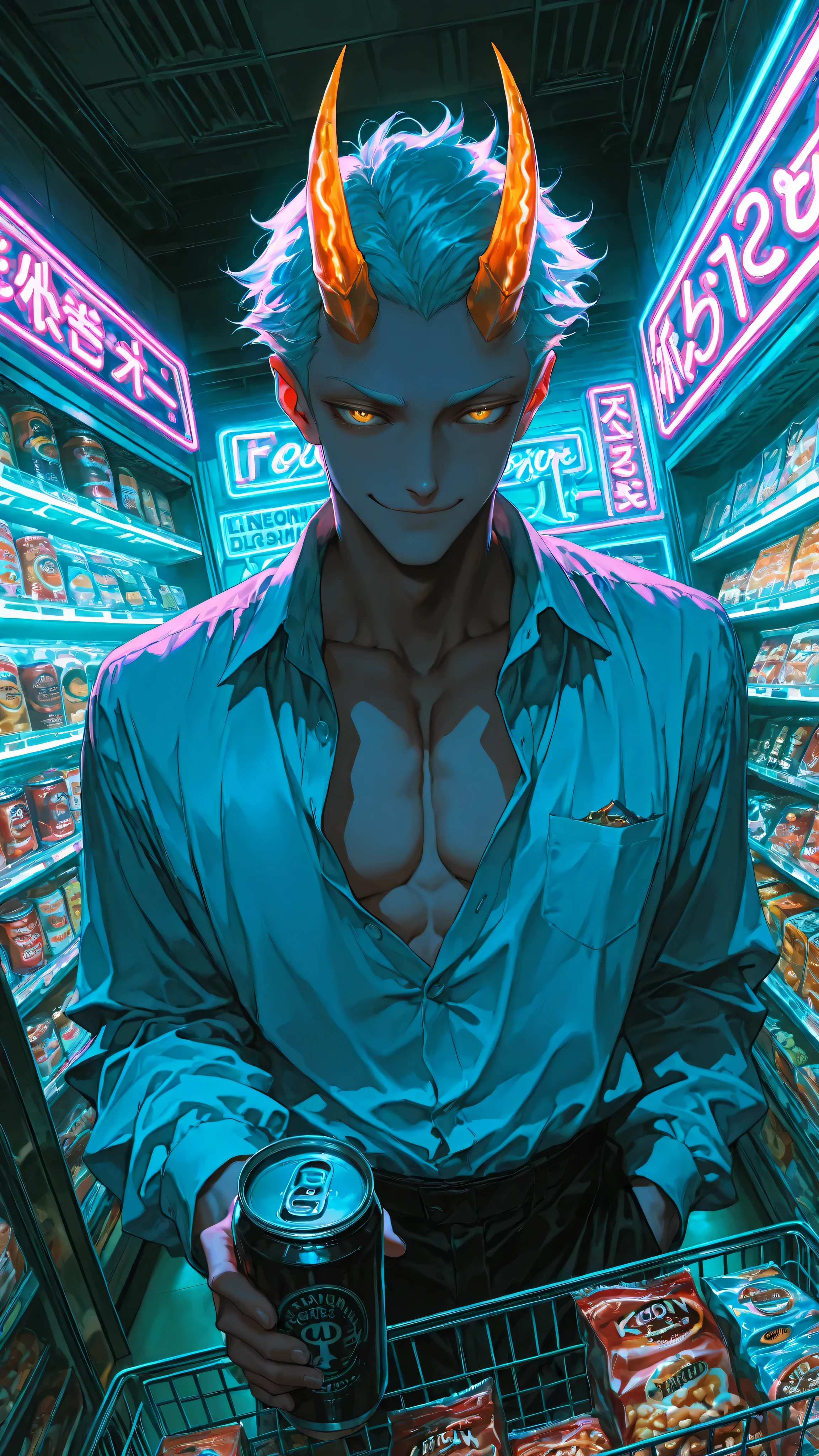 (neon aesthetic, vibrant colors, fluorescent, luminescence, chromatic lighting, moody lighting, dramatic shadows, bloom lighting, colored shadows, masterpiece: 1.3, 8k:1.3, Highest quality:1.3, detail:1.3, high resolution:1.3, digital painting, super detail),
(anime style, cinematic),
**1male, solo, masculine, muscular, bishounen, male focus,** (golden oni horns), white short hair, golden eyes, fair skin, smirk,
wearing: **classic white dress shirt slightly unbuttoned, formal black trousers, (segmented armored tassets with flame engravings over trousers),**
**standing indoors inside Hell's convenience store, leaning against glass drink freezer,**
holding a can of Boss Coffee, soft glow from freezer lights,
**store interior: crowded shelves with snacks, magazines, (konbini shelves:1.3), (neon signs inside store:1.4),**
dark atmosphere, surreal, everyday life,
**NEON NOIR, ULTRA DETAILED, ABSURDRES, HIGHRES,**
**high angle shot, looking down on character,** **dutch angle, dynamic composition,** **visible store interior layout,** aerial perspective, dramatic angle
