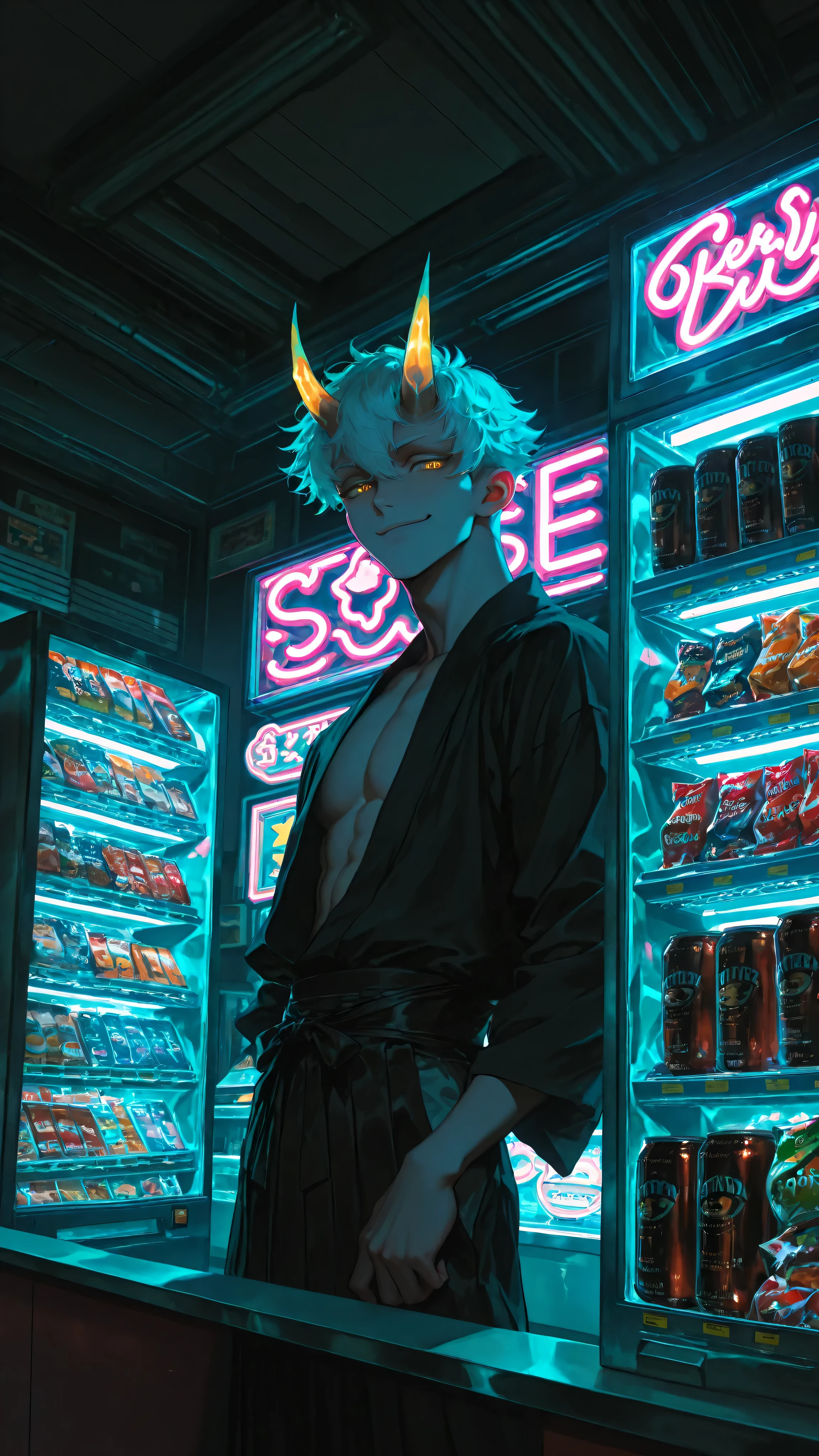 (neon aesthetic, vibrant colors, fluorescent, luminescence, chromatic lighting, moody lighting, dramatic shadows, bloom lighting, colored shadows, masterpiece: 1.3, 8k:1.3, Highest quality:1.3, detail:1.3, high resolution:1.3, digital painting, super detail),
(anime style, cinematic),
**1male, solo, masculine, muscular, bishounen, male focus,** (golden oni horns), white short hair, golden eyes, fair skin, smirk,
wearing: no shirt, (segmented armored tassets with flame engravings), black hakama-style pants,
**standing indoors inside Hell's convenience store, leaning against glass drink freezer,**
holding a can of Boss Coffee, soft glow from freezer lights,
**store interior: crowded shelves with snacks, magazines, (konbini shelves:1.3), (neon signs inside store:1.4),**
dark atmosphere, surreal, everyday life,
**NEON NOIR, ULTRA DETAILED, ABSURDRES, HIGHRES,**