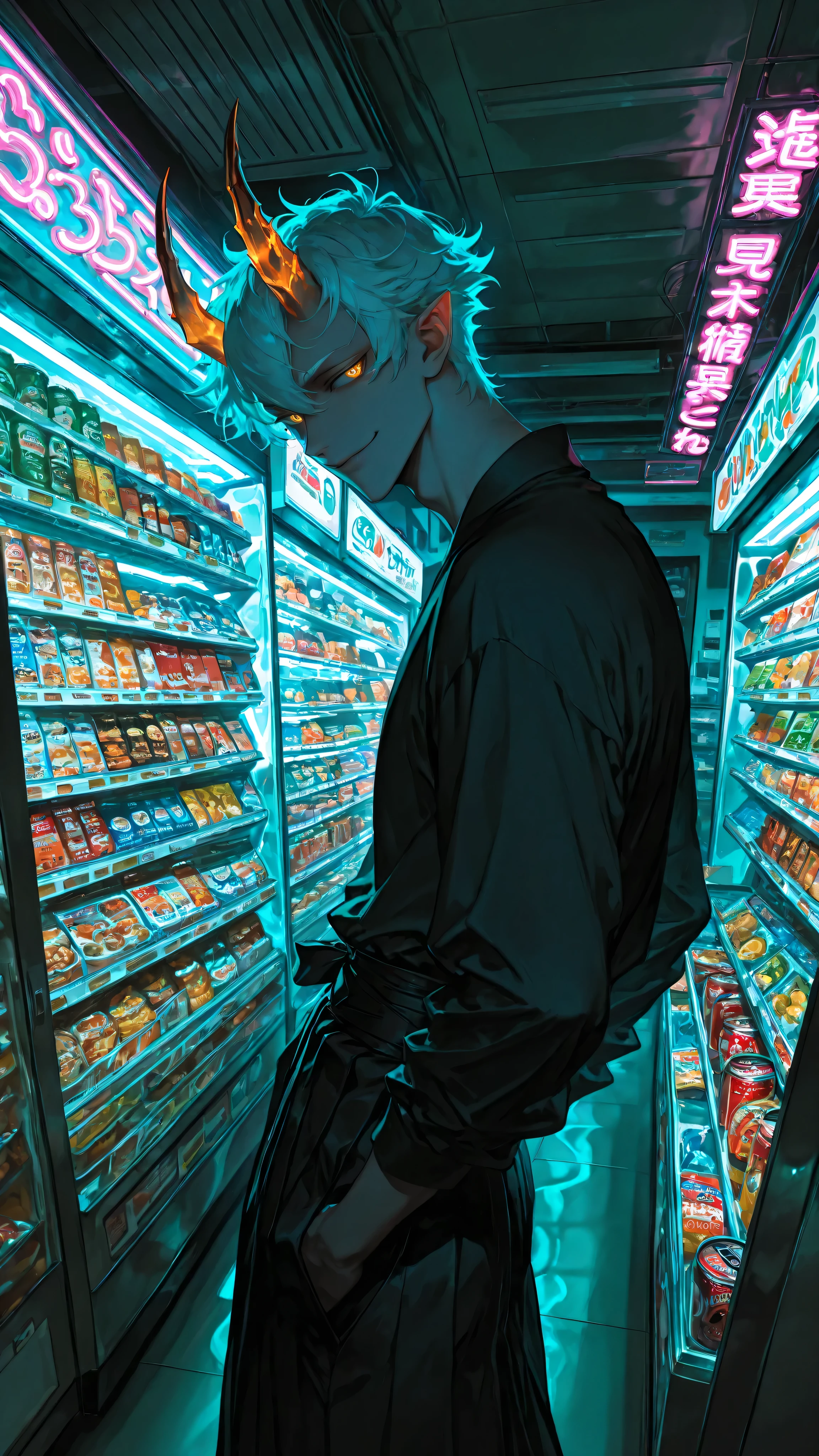 (neon aesthetic, vibrant colors, fluorescent, luminescence, chromatic lighting, moody lighting, dramatic shadows, bloom lighting, colored shadows, masterpiece: 1.3, 8k:1.3, Highest quality:1.3, detail:1.3, high resolution:1.3, digital painting, super detail),
(anime style, cinematic),
**1male, solo, masculine, muscular, bishounen, male focus,** (golden oni horns), white short hair, golden eyes, fair skin, smirk,
wearing: no shirt, (segmented armored tassets with flame engravings), black hakama-style pants,
**standing indoors inside Hell's convenience store, leaning against glass drink freezer,**
holding a can of Boss Coffee, soft glow from freezer lights,
**store interior: crowded shelves with snacks, magazines, (konbini shelves:1.3), (neon signs inside store:1.4),**
dark atmosphere, surreal, everyday life,
**NEON NOIR, ULTRA DETAILED, ABSURDRES, HIGHRES,**
**high angle shot, looking down on character,**
**dutch angle, dynamic composition,**
**visible store interior layout,**
aerial perspective, dramatic angle