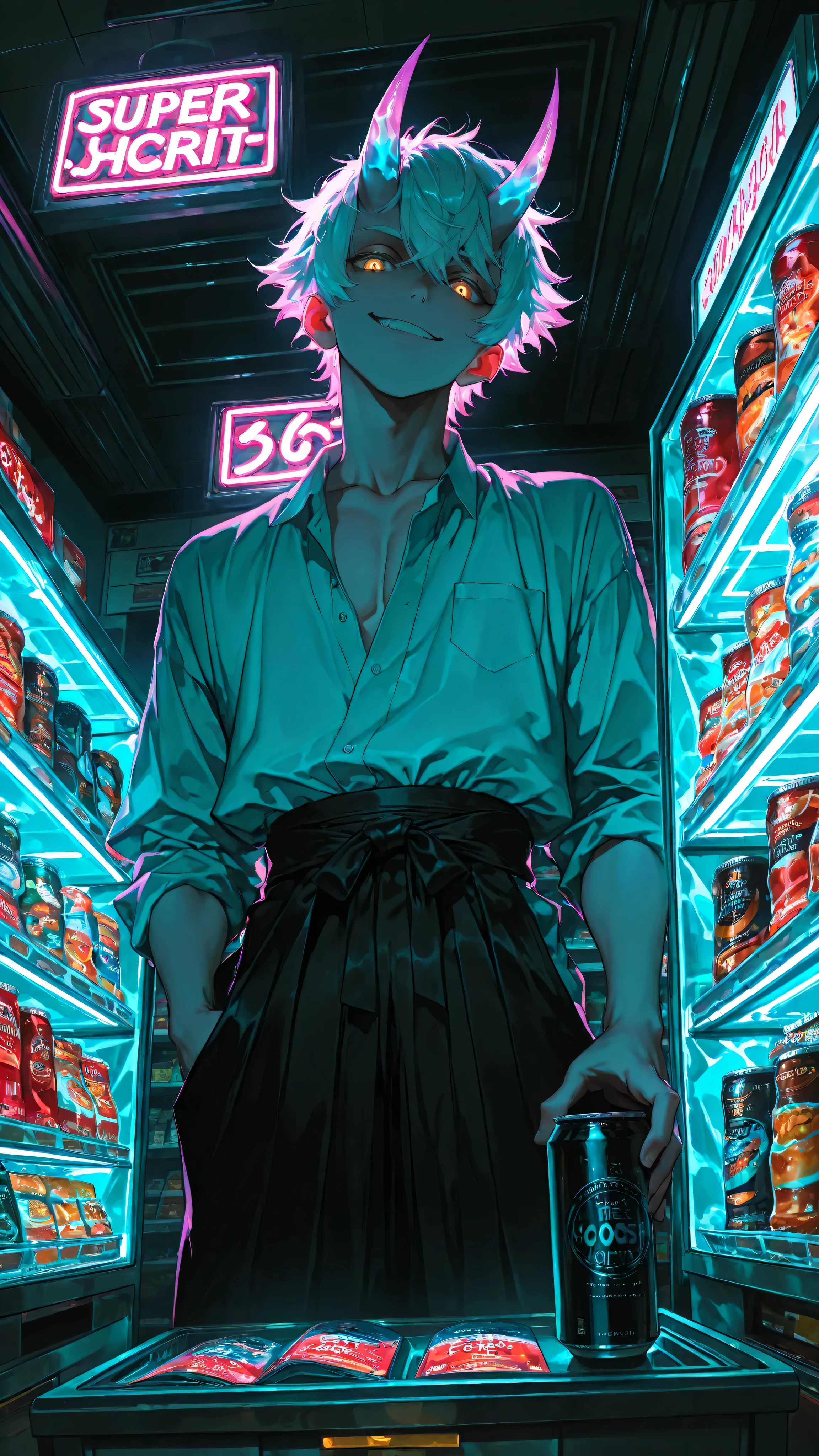(neon aesthetic, vibrant colors, fluorescent, luminescence, chromatic lighting, moody lighting, dramatic shadows, bloom lighting, colored shadows, masterpiece: 1.3, 8k:1.3, Highest quality:1.3, detail:1.3, high resolution:1.3, digital painting, super detail),
(anime style, cinematic),
**1male, solo, masculine, muscular, bishounen, male focus,** (golden oni horns), white short hair, golden eyes, fair skin, smirk,
wearing: no shirt, (segmented armored tassets with flame engravings), black hakama-style pants,
**standing indoors inside Hell's convenience store, leaning against glass drink freezer,**
holding a can of Boss Coffee, soft glow from freezer lights,
**store interior: crowded shelves with snacks, magazines, (konbini shelves:1.3), (neon signs inside store:1.4),**
dark atmosphere, surreal, everyday life,
**NEON NOIR, ULTRA DETAILED, ABSURDRES, HIGHRES,**
**low angle shot from cash register perspective,**
**character reflected in glass of freezer,**
**foreground: cash register, cigarette packs,**
reflections, multi-layer composition