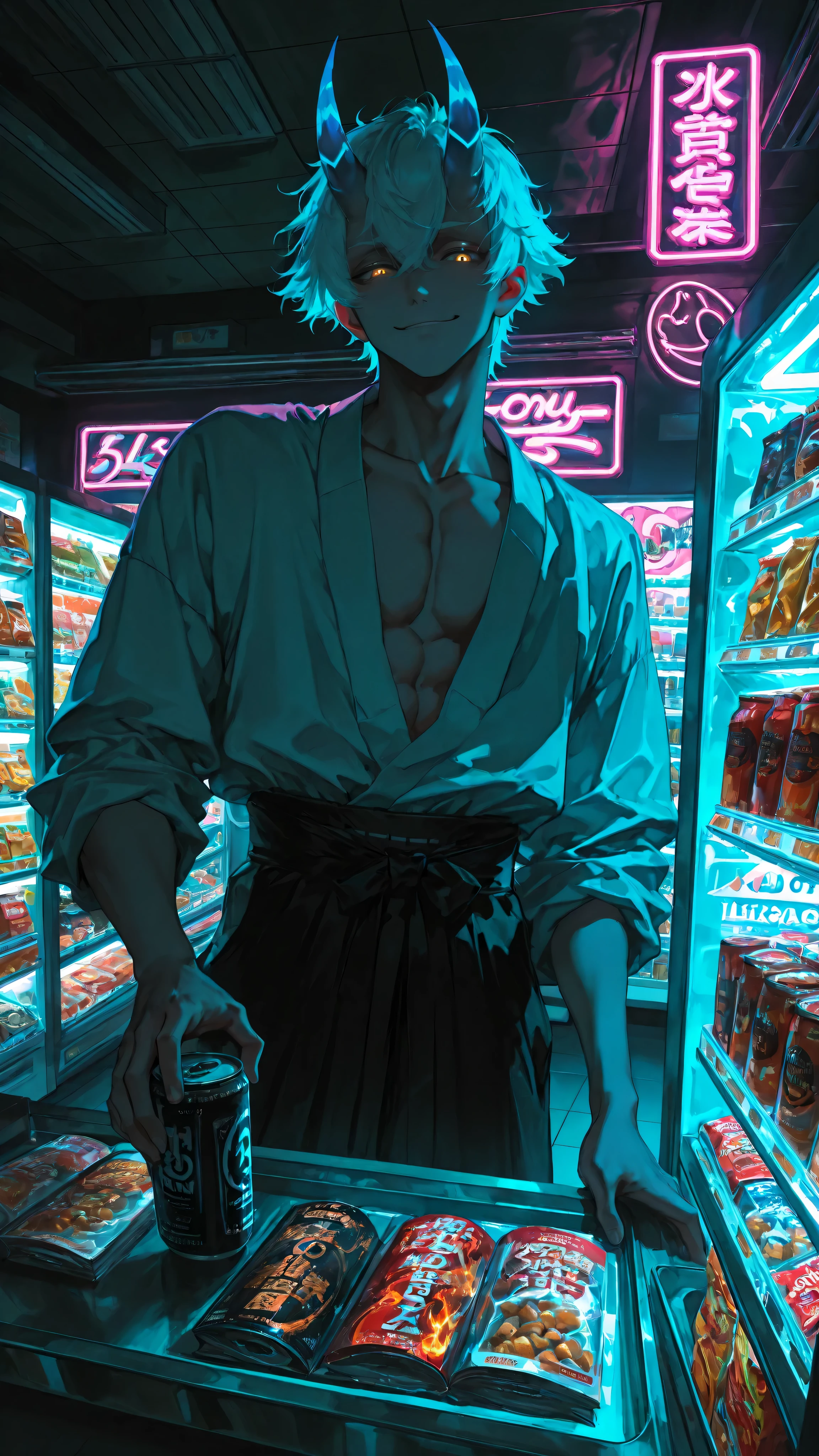 (neon aesthetic, vibrant colors, fluorescent, luminescence, chromatic lighting, moody lighting, dramatic shadows, bloom lighting, colored shadows, masterpiece: 1.3, 8k:1.3, Highest quality:1.3, detail:1.3, high resolution:1.3, digital painting, super detail),
(anime style, cinematic),
**1male, solo, masculine, muscular, bishounen, male focus,** (golden oni horns), white short hair, golden eyes, fair skin, smirk,
wearing: no shirt, (segmented armored tassets with flame engravings), black hakama-style pants,
**standing indoors inside Hell's convenience store, leaning against glass drink freezer,**
holding a can of Boss Coffee, soft glow from freezer lights,
**store interior: crowded shelves with snacks, magazines, (konbini shelves:1.3), (neon signs inside store:1.4),**
dark atmosphere, surreal, everyday life,
**NEON NOIR, ULTRA DETAILED, ABSURDRES, HIGHRES,**