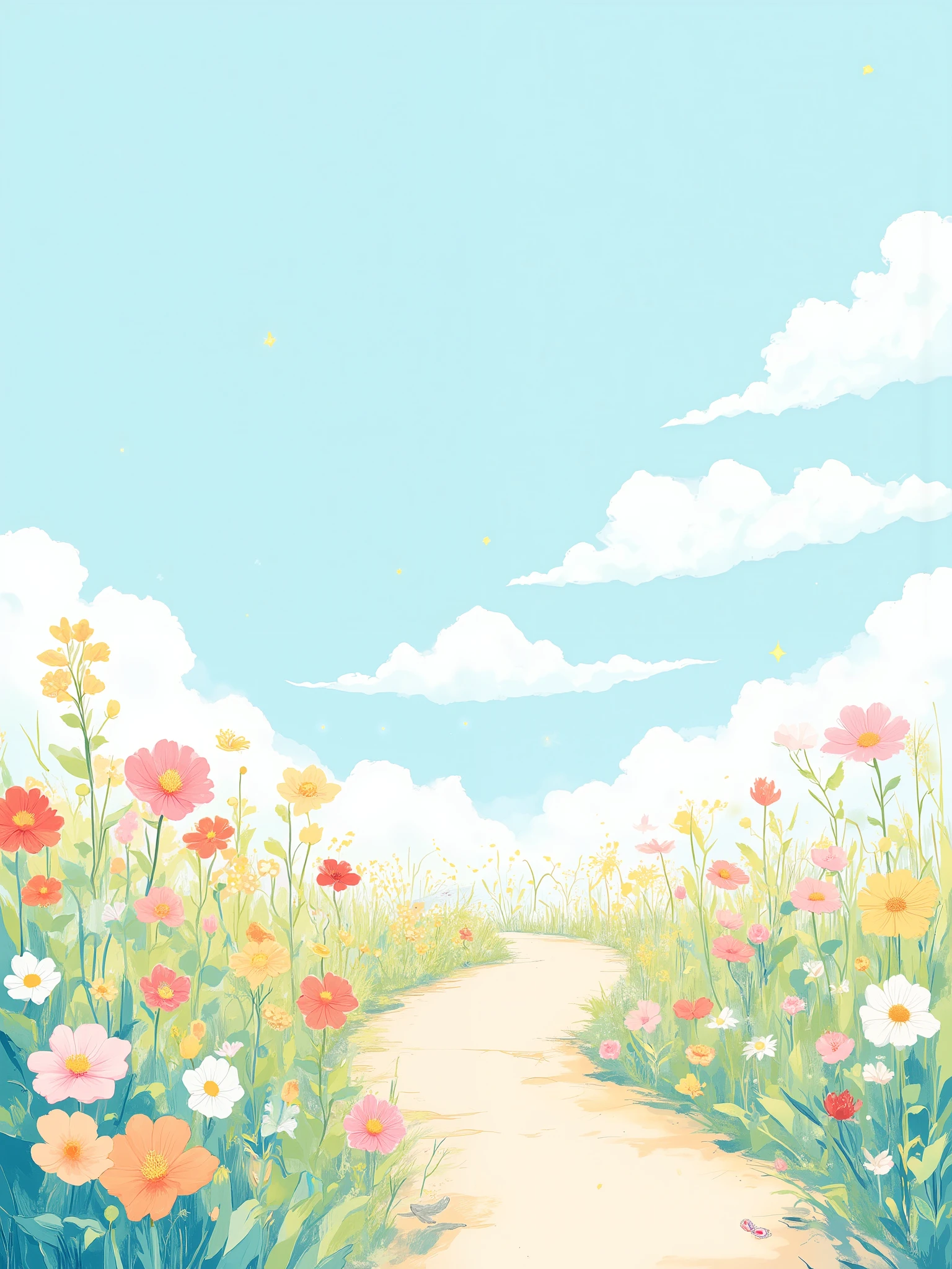 Ultra high-resolution, ultra-detailed flat vector illustration of a dreamy flower path curving upward into the sky. A soft beige pathway surrounded by colorful wildflowers in full bloom — red, pink, white, orange, and yellow blossoms with green grass and leaves. A small butterfly near the bottom. The path leads toward a fluffy white cloud and pastel blue sky filled with glowing star shapes and small dots of light. Clean, simple, bright, and crisp composition, gentle pastel color palette, whimsical and heartwarming atmosphere, modern minimal digital art style with clear outlines and soft texture.