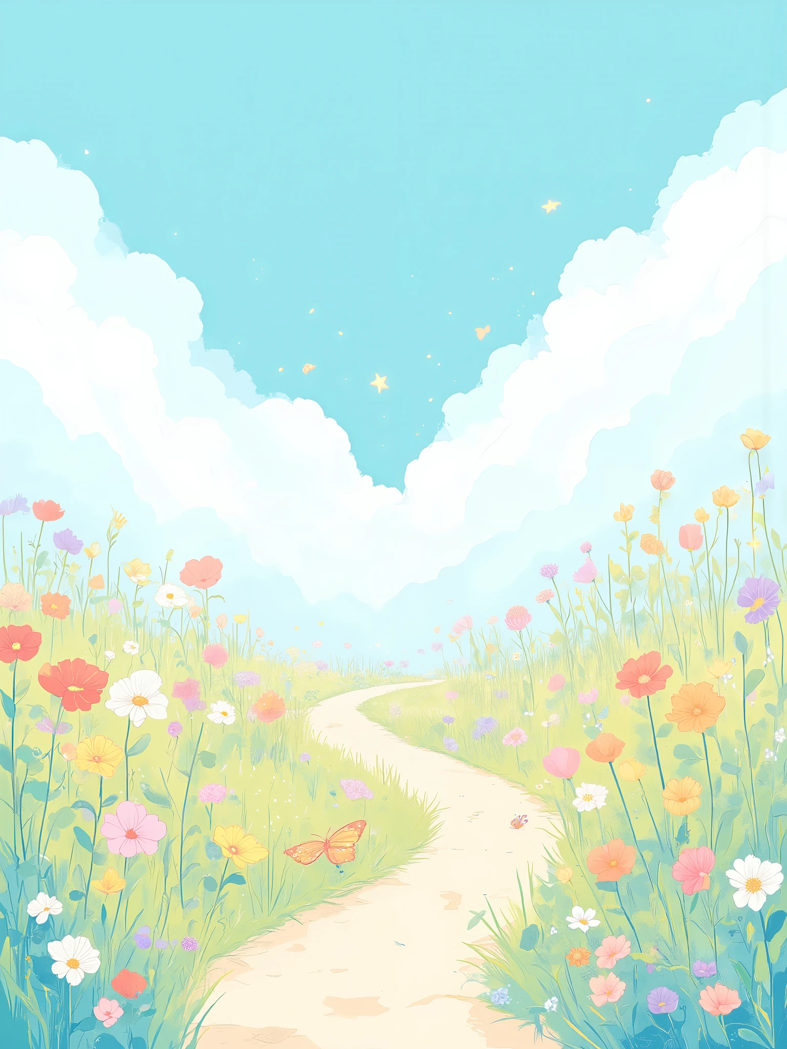 Ultra high-resolution, ultra-detailed flat vector illustration of a dreamy flower path curving upward into the sky. A soft beige pathway surrounded by colorful wildflowers in full bloom — red, pink, white, orange, and yellow blossoms with green grass and leaves. A small butterfly near the bottom. The path leads toward a fluffy white cloud and pastel blue sky filled with glowing star shapes and small dots of light. Clean, simple, bright, and crisp composition, gentle pastel color palette, whimsical and heartwarming atmosphere, modern minimal digital art style with clear outlines and soft texture.