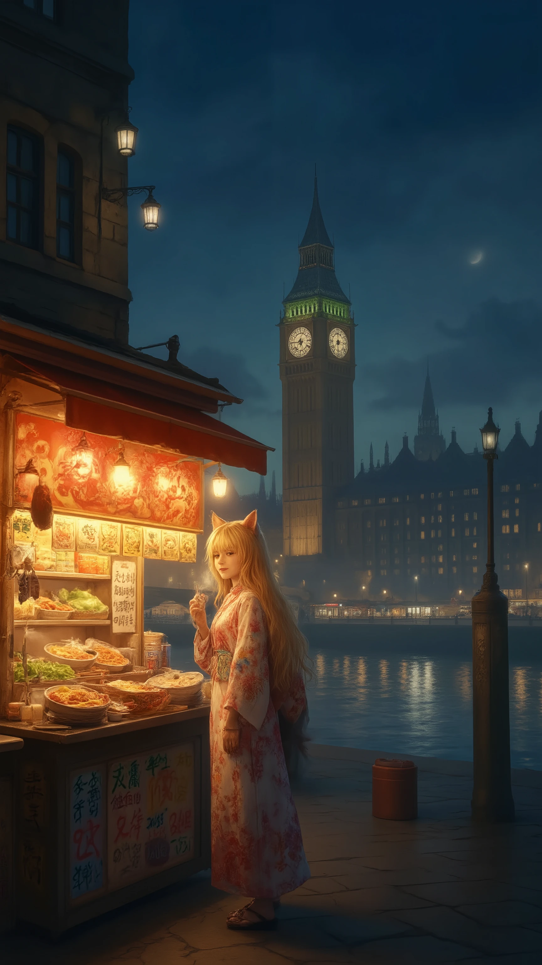 high-definition images、London、Beautiful image of Big Ben on the other side of the river、a beautiful blond girl with cat ears at night at the ramen stand in front of Big Ben、at the ramen stand in front of Big Ben