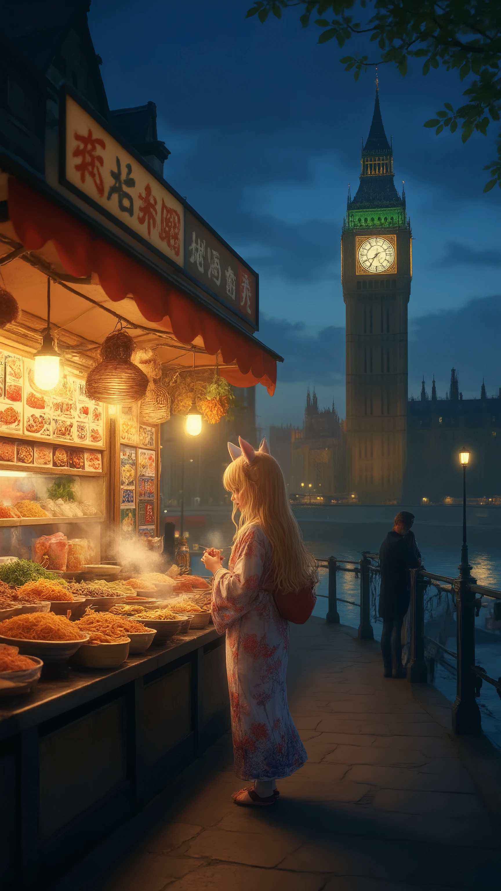 high-definition images、London、Beautiful image of Big Ben on the other side of the river、a beautiful blond girl with cat ears at night at the ramen stand in front of Big Ben、at the ramen stand in front of Big Ben