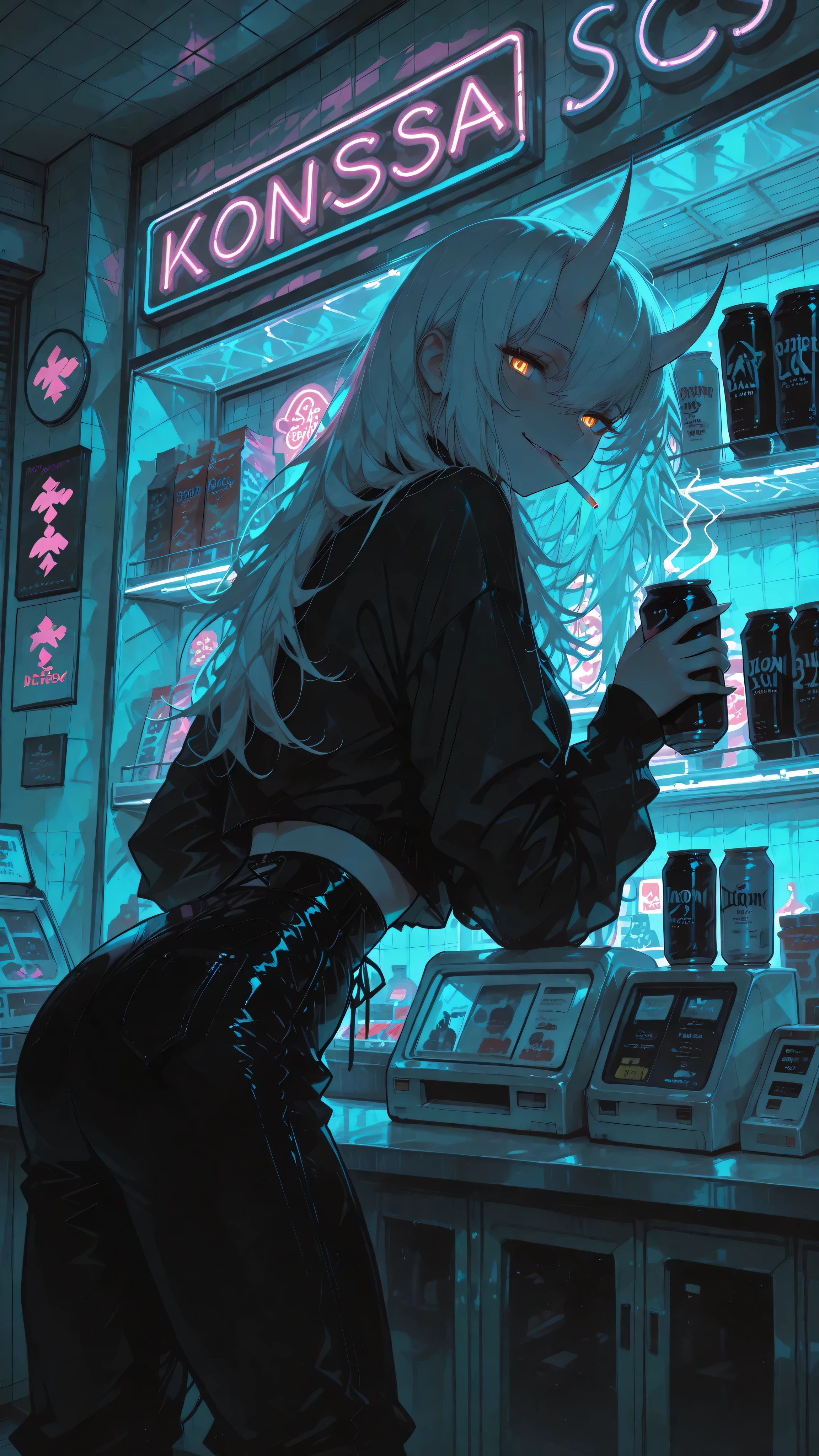 (Ink Style, best quality, soft lines, clear details), (neon aesthetic, vibrant colors, fluorescent, luminescence, chromatic lighting, moody lighting, dramatic shadows, bloom lighting, colored shadows, masterpiece: 1.3, 8k:1.3, Highest quality:1.3, detail:1.3, high resolution:1.3, digital painting, super detail),
(anime style, cinematic),
**1female, solo, feminine, athletic build, bishoujo, female focus,** (golden oni horns), long white hair, golden eyes, fair skin, confident smirk,
wearing: **black crop top, high-waisted leather pants, (segmented armored tassets with flame engravings),**
**standing indoors inside Hell's convenience store, leaning against glass drink freezer,**
holding a can of Boss Coffee, soft glow from freezer lights,
**store interior: crowded shelves with snacks, magazines, (konbini shelves:1.3), (neon signs inside store:1.4),**
dark atmosphere, surreal, everyday life,
**NEON NOIR, ULTRA DETAILED, ABSURDRES, HIGHRES,**
**low angle shot from cash register perspective,** **character reflected in glass of freezer,** **foreground: cash register, cigarette packs,** reflections, multi-layer composition