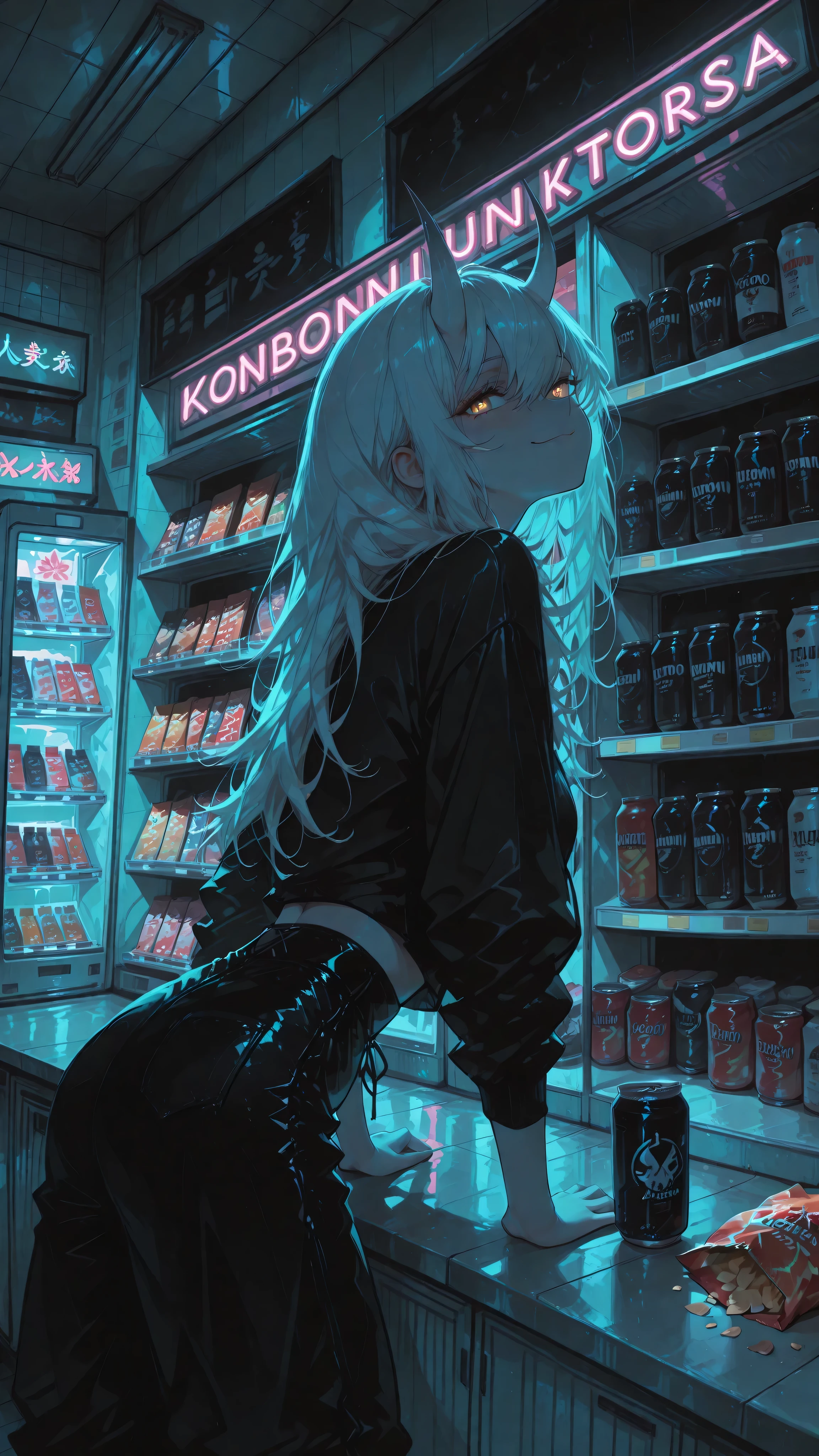 (Ink Style, best quality, soft lines, clear details), (neon aesthetic, vibrant colors, fluorescent, luminescence, chromatic lighting, moody lighting, dramatic shadows, bloom lighting, colored shadows, masterpiece: 1.3, 8k:1.3, Highest quality:1.3, detail:1.3, high resolution:1.3, digital painting, super detail),
(anime style, cinematic),
**1female, solo, feminine, athletic build, bishoujo, female focus,** (golden oni horns), long white hair, golden eyes, fair skin, confident smirk,
wearing: **black crop top, high-waisted leather pants, (segmented armored tassets with flame engravings),**
**standing indoors inside Hell's convenience store, leaning against glass drink freezer,**
holding a can of Boss Coffee, soft glow from freezer lights,
**store interior: crowded shelves with snacks, magazines, (konbini shelves:1.3), (neon signs inside store:1.4),**
dark atmosphere, surreal, everyday life,
**NEON NOIR, ULTRA DETAILED, ABSURDRES, HIGHRES,**
**worm's eye view, shot from low shelf perspective, looking up at character,** **extreme foreground: bags of chips and snacks on shelf,** dynamic composition, dutch angle