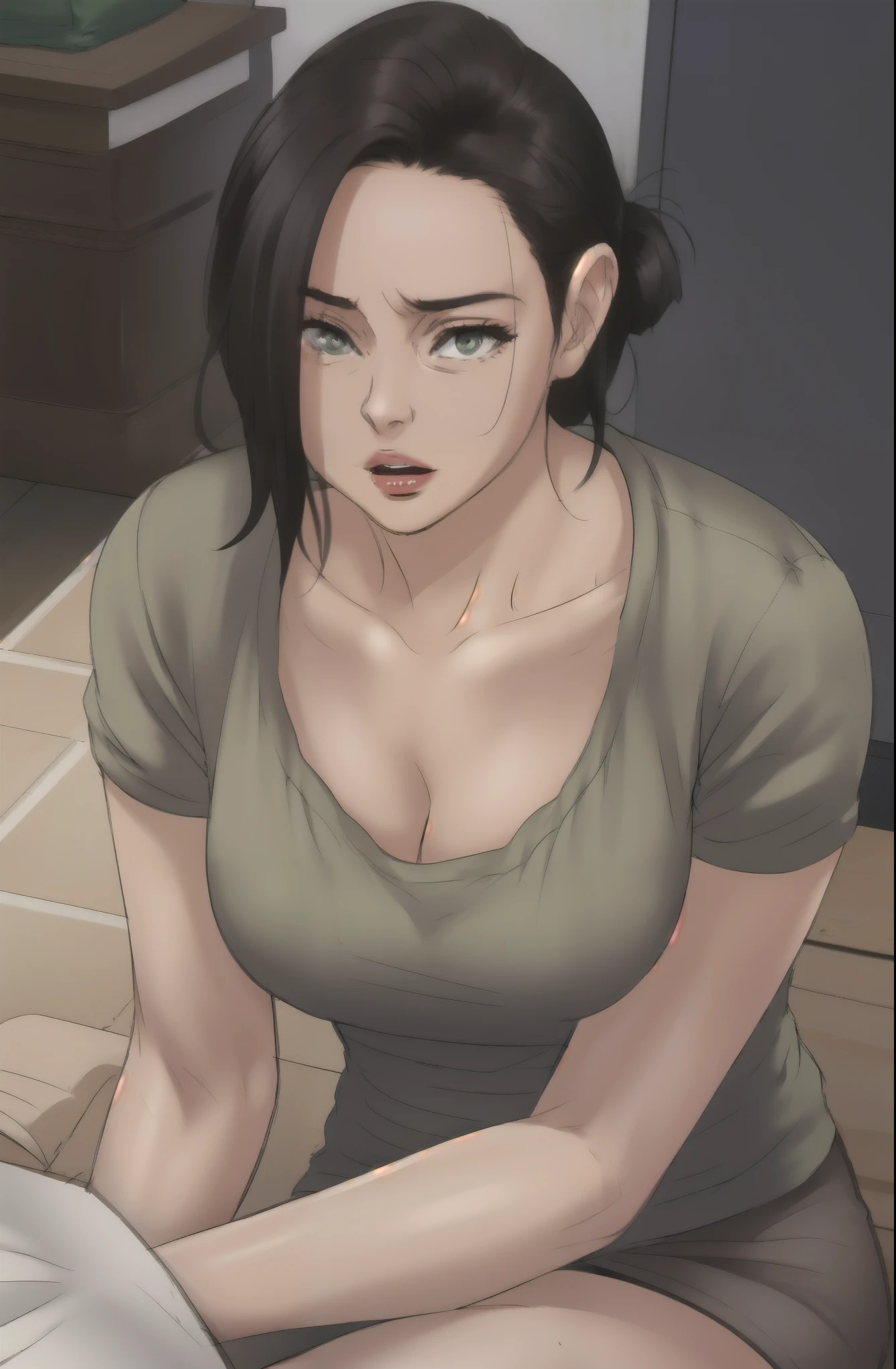 a woman is sitting on the roof,black hair,old,clavicle,green shirt,open-mouthed ,Falda