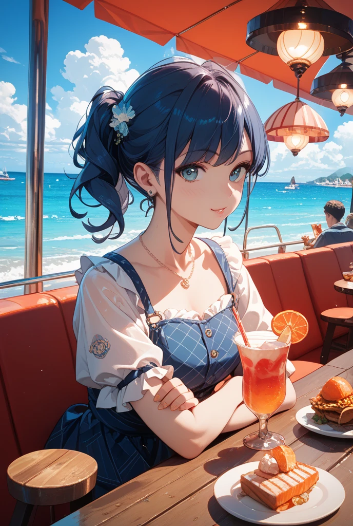 (Highest quality:1.4、8K:1.4、detailed)、F cup 、、Slim body、Very white beautiful skin、((((1 person、Surprised expression、sit、Chair、In the background are the urban buildings of Tokyo、looking at the camera、Outdoor café terrace、coastal、Navy hair color、juice、Shooting up close、table、Very cute face))))、(Pose of putting hair behind ears with hands:1.4）、((((、Off the shoulder))))、、、Very blue sky、A completely cloudless sky