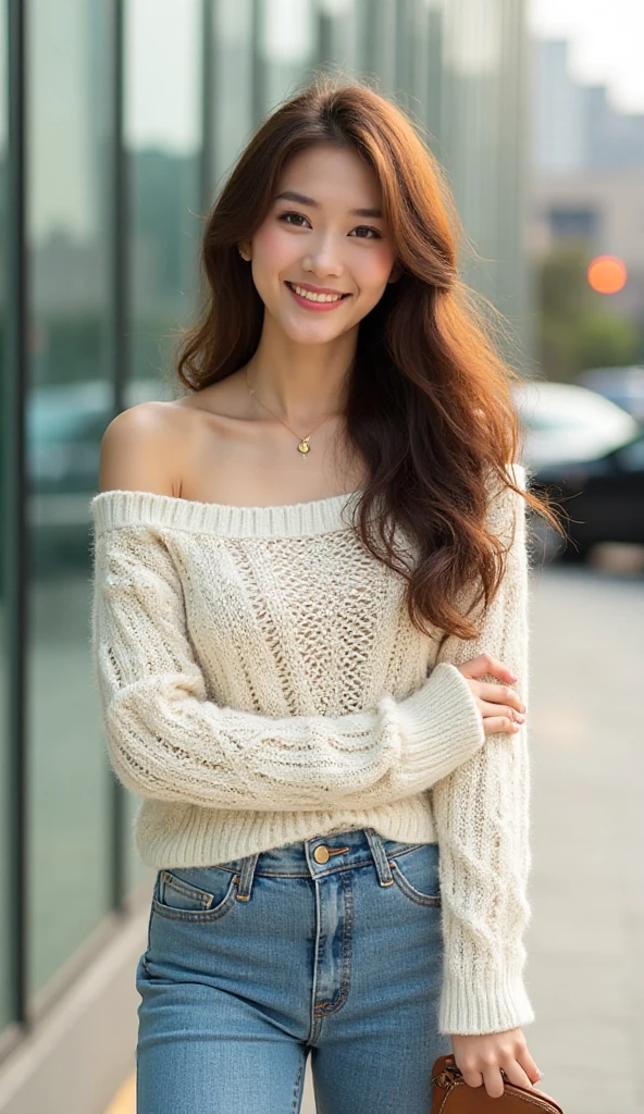 （Ultra-high resolution，RAW photogr，8K,k hd，Best quality，tmasterpiece:1.5），（Complicated details，realisticlying），1 very beautiful woman, age 22, 独奏, A high resolution, Extremely detailed face, (Professional lighting，bokeh），（light particules，lens flare glow，Luminous Particle：0.6），gentlesoftlighting，Trendy atmosphere，jpn，the street，Stylish short hair，bobo head， A brown-haired, Hair is delicate and soft，Fluttering, cparted lips, lipsticks,  smile, ssmile, Open-mouthed, teeth, There are small dimples，White swan neck，Shave your shoulders, Bigchest，（petite，Golden ratio figure），Wear one（blue gray）（tight-fitting，Wrap tightly around the body）Sweaters, (Wash blue）（Fashion jeans),（detailed outfits:1.5）， double eyelid，long eyelasher, birthmark, (Moles under eyes: 1), Big breasts Thin waist，Beautiful buttocks，The calves are well-proportioned, slenderness:1.2，A pair of small white and tender jade feet，Beautiful toes:1.5，Wear stylish sandals，（Coquettish and playful beautiful pose），Female-centered focus photography，The waist and crotch are the focus，Broad lighting，naturalshadow，wide wide shot，close focus，shooting full body:1.8,fully body photo:1.8