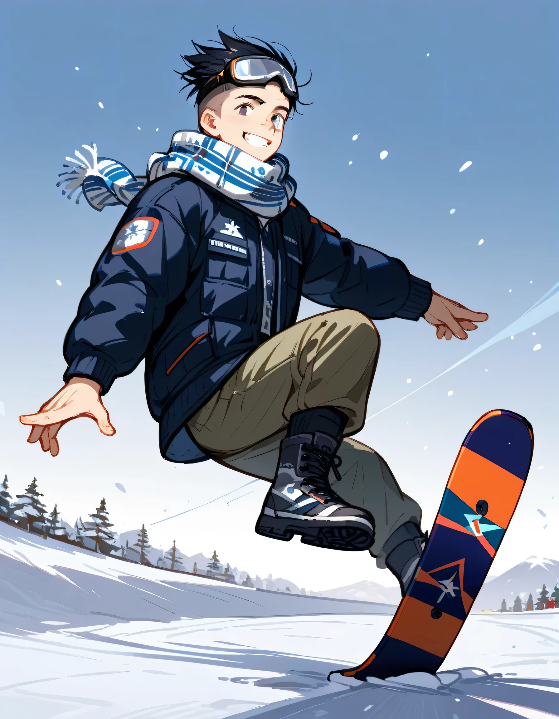 underside view, (dynamic jumping snowboard giant slalom trick pose), looking atviewer,ski resort, slalom, snow goggles,knit scarf,flashy winter snowboarder's clothing and winter cargo pants,snowboard boots, complex structure, sliding,man,grin,40years old,portrait,(The face of an old man with dignity),man's eyes,man's nose,man's mouth,(black short spiked hair),forehead,sidecut,undercut,beard,muscle:0.6,manga style,sketch,