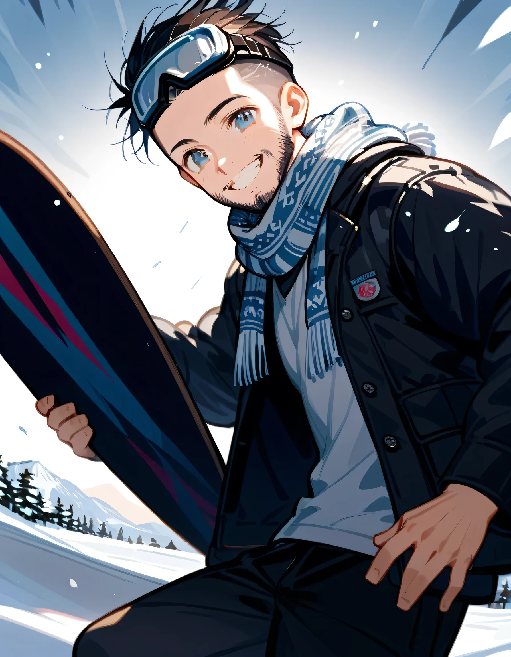undersideview, (dynamic snowboarder holding board, ready to ride pose), looking at viewer,man,grin,40years old,(portrait),(The face of an old man with dignity),man's eyes,man's nose,man's mouth,(black short spiked hair),forehead,sidecut,undercut,beard,muscle:0.6,ski resort, slalom, snow goggles,knit scarf,flashy winter snowboarder's clothing and winter cargo pants,snowboard boots, complex structure,manga style,sketch,