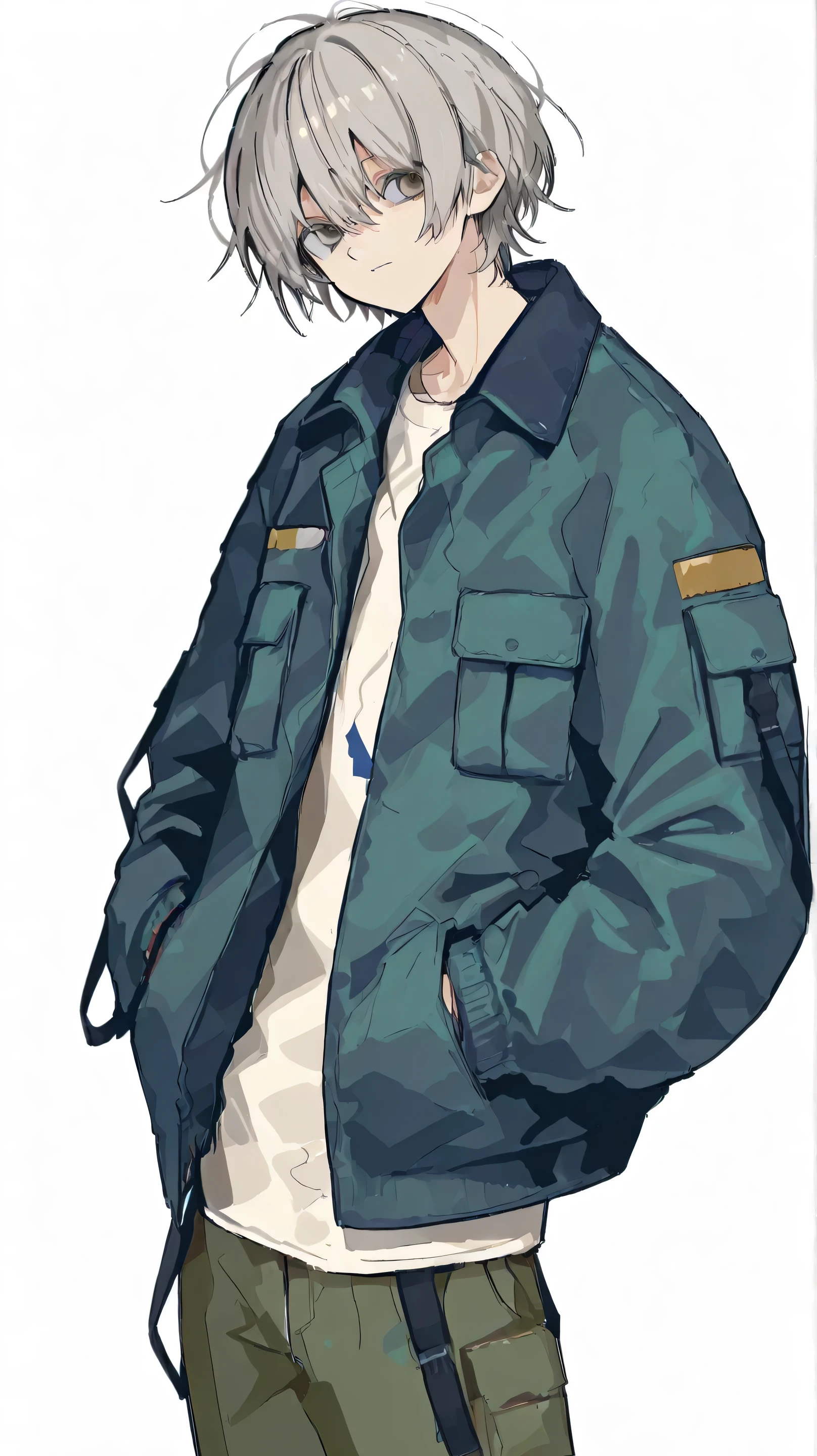 detailed,super fine illustration,748cmstyle,1boy,looking at viewer,standing,short hair,messy hair,grey hair,cowboy shot,white background,short jacket,open jacket,cargo pants,standing,both hands in pockets