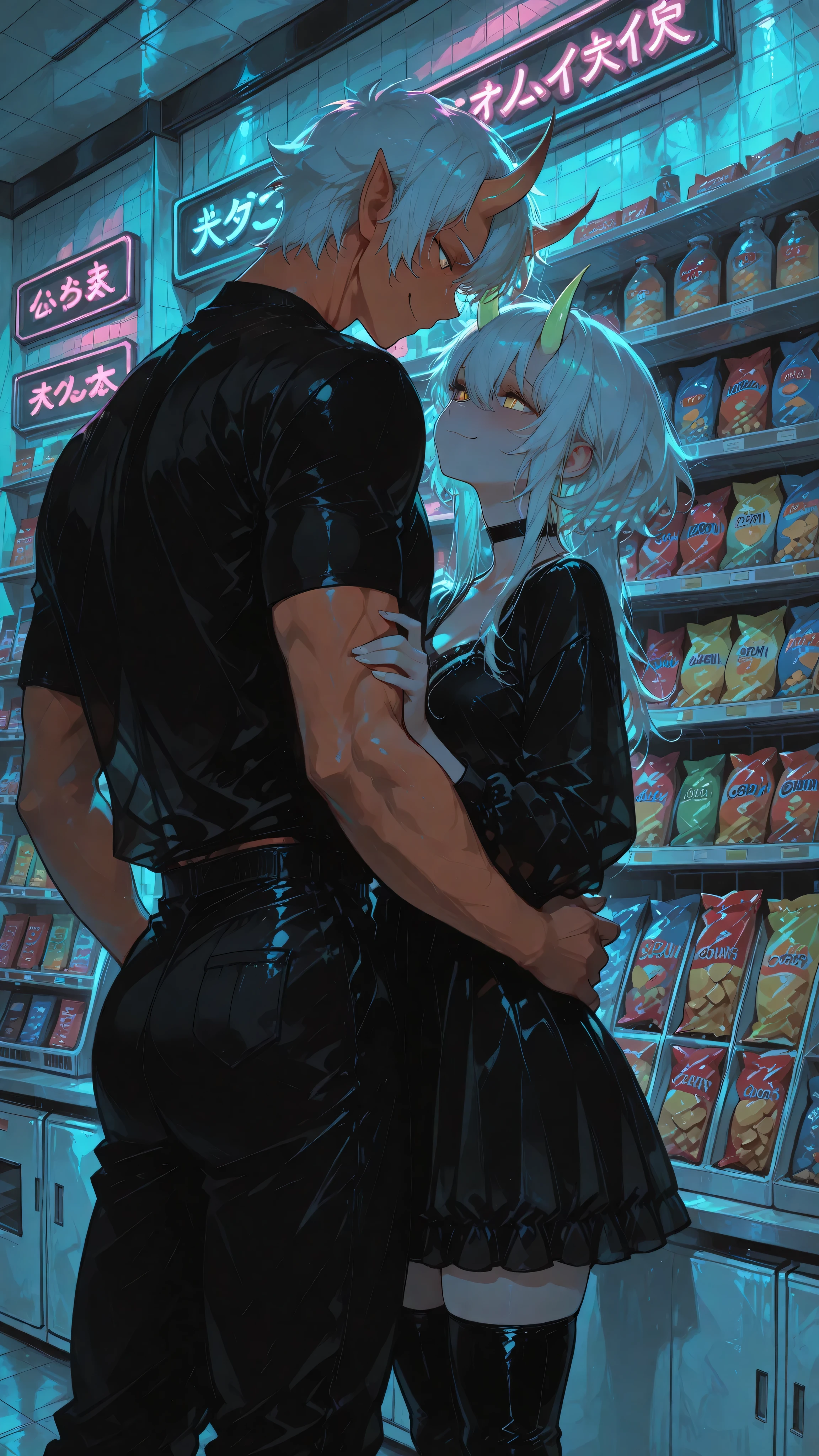 (neon aesthetic, vibrant colors, fluorescent, luminescence, chromatic lighting, moody lighting, dramatic shadows, bloom lighting, colored shadows, masterpiece: 1.3, 8k:1.3, Highest quality:1.3, detail:1.3, high resolution:1.3, digital painting, super detail),
(anime style, cinematic),
**2people, 1male and 1female, couple interaction,**
**Male character:** masculine, muscular, bishounen, (golden oni horns), white short hair, golden eyes, fair skin, **annoyed expression, reluctant smile,** wearing: black dress pants, black silk shirt slightly unbuttoned, (segmented armored tassets),
**Female character:** feminine, athletic build, bishoujo, (golden oni horns), long white hair, golden eyes, fair skin, **playful smile, begging expression,** wearing: black crop top, high-waisted leather pants, (segmented armored tassets),
**Interaction: female character hugging male's arm, pointing at snack shelf with her free hand, pulling him toward shelves,** male character standing firm but allowing himself to be pulled,
**Setting: indoors inside Hell's convenience store, snack aisle section,** crowded shelves with chips, candy, colorful packages, (konbini shelves:1.3), (neon signs inside store:1.4), glass drink freezer in background, soft glow from freezer lights,
dark atmosphere, surreal, everyday life, romantic comedy vibe,
**NEON NOIR, ULTRA DETAILED, ABSURDRES, HIGHRES,**