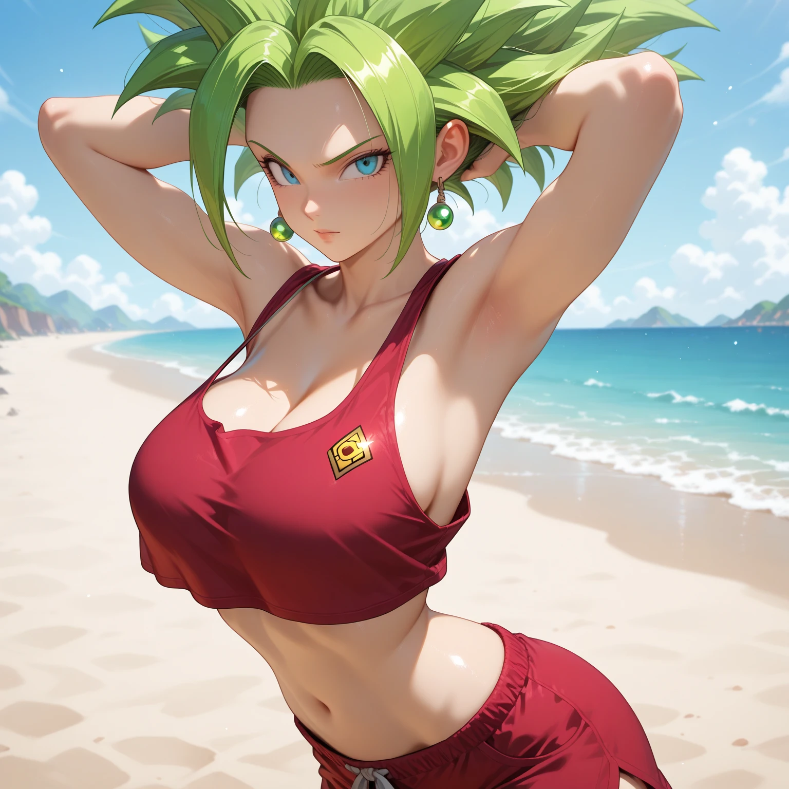 (best quality, masterpiece), green hair, green earrings, yoga pants, yoga bra, skin tight, toned, smug, smirk, kefla, thin waist, backlight,