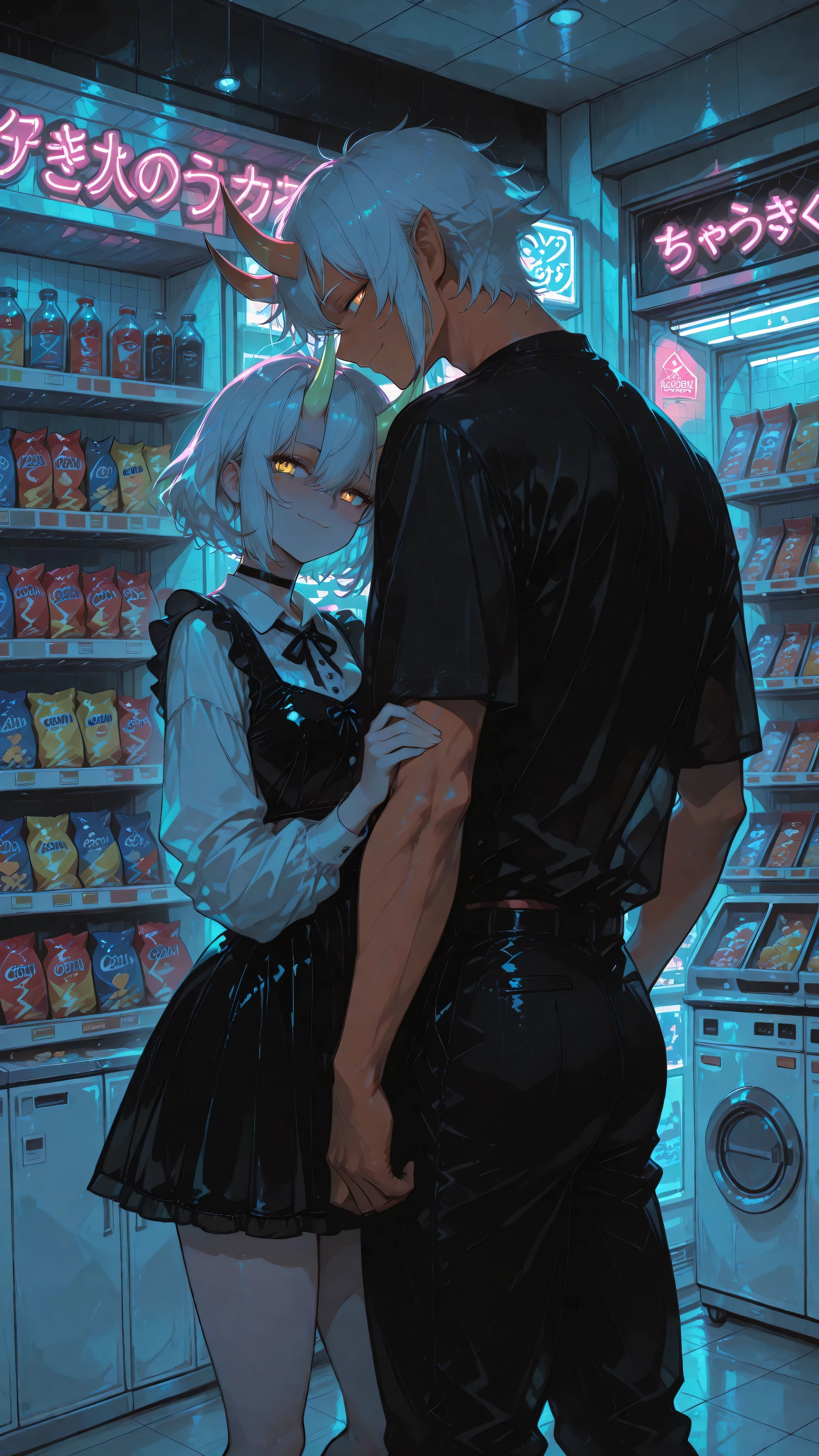 (neon aesthetic, vibrant colors, fluorescent, luminescence, chromatic lighting, moody lighting, dramatic shadows, bloom lighting, colored shadows, masterpiece: 1.3, 8k:1.3, Highest quality:1.3, detail:1.3, high resolution:1.3, digital painting, super detail),
(anime style, cinematic),
**2people, 1male and 1female, couple interaction,**
**Male character:** masculine, muscular, bishounen, (golden oni horns), white short hair, golden eyes, fair skin, **annoyed expression, reluctant smile,** wearing: black dress pants, black silk shirt slightly unbuttoned, (segmented armored tassets),
**Female character:** feminine, athletic build, bishoujo, (golden oni horns), long white hair, golden eyes, fair skin, **playful smile, begging expression,** wearing: black crop top, high-waisted leather pants, (segmented armored tassets),
**Interaction: female character hugging male's arm, pointing at snack shelf with her free hand, pulling him toward shelves,** male character standing firm but allowing himself to be pulled,
**Setting: indoors inside Hell's convenience store, snack aisle section,** crowded shelves with chips, candy, colorful packages, (konbini shelves:1.3), (neon signs inside store:1.4), glass drink freezer in background, soft glow from freezer lights,
dark atmosphere, surreal, everyday life, romantic comedy vibe,
**NEON NOIR, ULTRA DETAILED, ABSURDRES, HIGHRES,**
