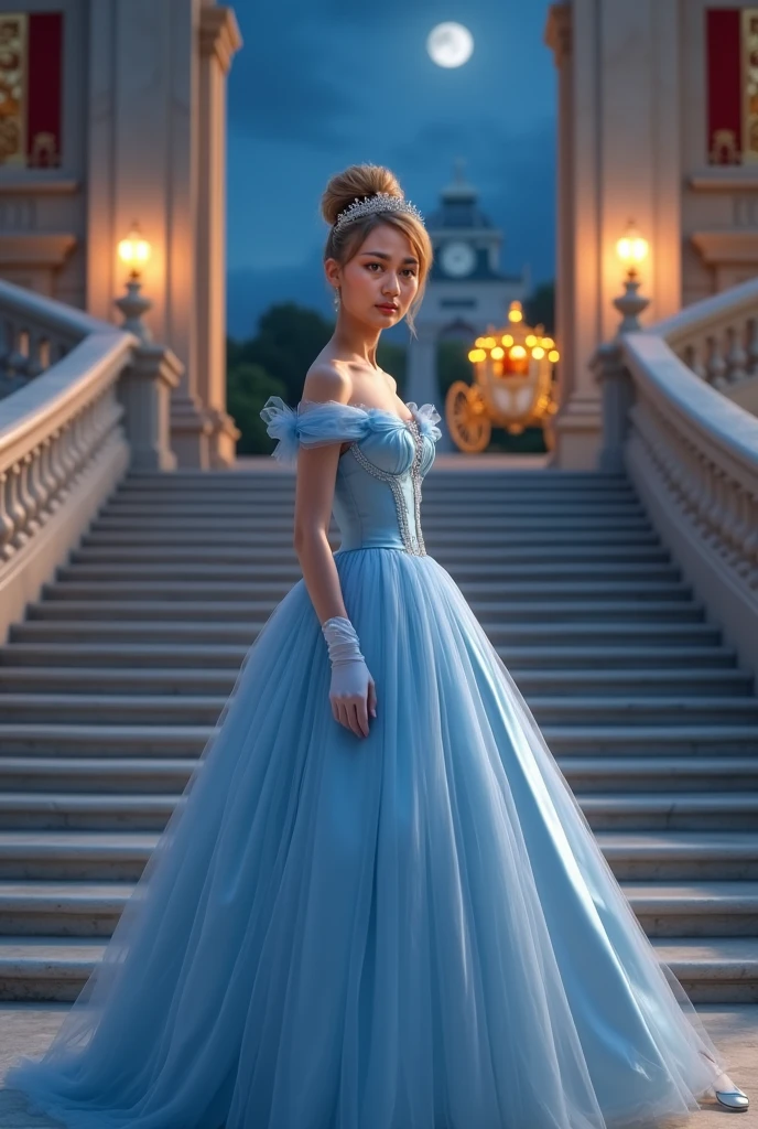 Fashion editorial. castle and floral edition, analog fashion portrait. portra 400 high dpi scan. very beautiful top model young, twenty years old as disney princess cinderella, tender smile, open gray eyes, disney cinderella castle as background, sepia pastel colors, morning soft light