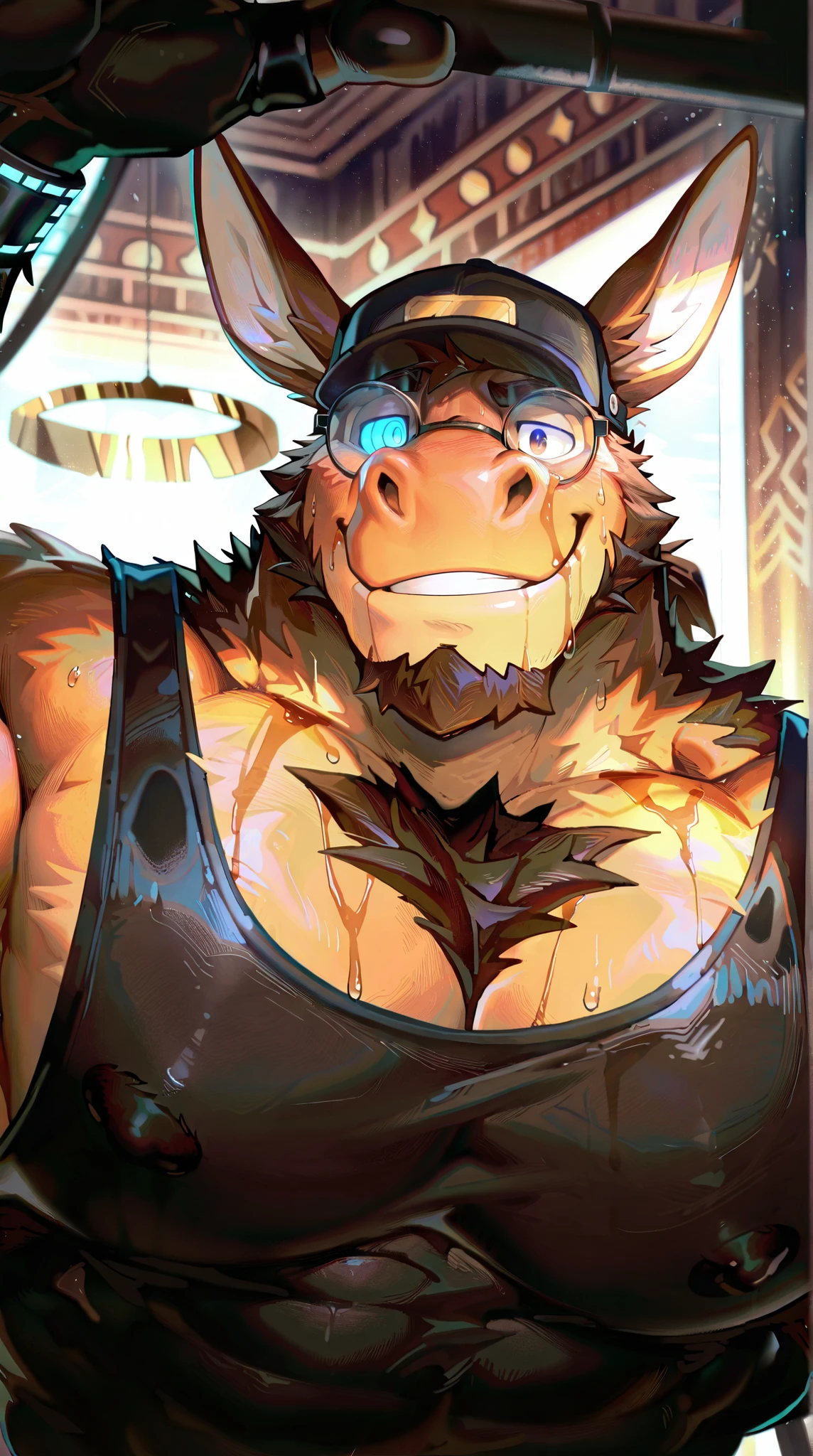  Safe_pos,masterpiece,best quality,amazing quality, 1boy, solo,anthro,Cornelius,face focus,smiling,side angle Cornelius a wild and crazy party animal frat boy donkey! Alone, solo, Cornelius works as a stripper in a gay bar, a fun donkey man! Muscular, mind control, enslaved, best Quality, high quality, ultra high resolution, soft glowing eyes, wearing a black baseball cap and matching black muscle tanktop and tight blue jeans, Exquisite Face, solo, alone, handsome, sexy, handsome, Chest muscles, chest hair, Abdominal muscles, null-ghost,Takemoto Arashi, Sexy. Score_9_up ,Score_8_up ,Score_7_up ,Score_6_up, best quality, masterpiece, alone, solo, 1boy, ((Cornelius is a middle-aged medium anthro muscular brown and tawny donkey with slick hairstyle and a ponytail, upbeat attitude, donk, gentleman, male, donkey, furry, strong jawline, stud, perfect donkey face, perfect hands, 5 fingers, no defects, smile, donkey ears, donkey tail, no markings, no watermark, donk, has brown hair, clean shaven goatee, masterpiece, best quality, Broad shoulders, wears tiny round glasses, high details, perfect eyes, award winning, highres, HD, 16k, fancy watch. Amazing Details, polished reflections, highly detailed face, no defects, no watermarks, perfect eyes. muscular, looking at viewer, front view, low angled view, bust portrait, first person. Details: fur texture detailed, strands of mane visible, light sweat glistening on muzzle, subtle erotic glow on lips and eyes, dramatic focus on facial expression of pride and sexual authority. Lighting: warm cinematic golden light, deep shadows enhancing face structure, close framing for intensity, throne room or savanna sky background blurred for focus. Style: smooth anime-furry hybrid, cinematic close-up, ultra detailed anatomy of face, alpha male energy, erotic but regal, perfect proportions.