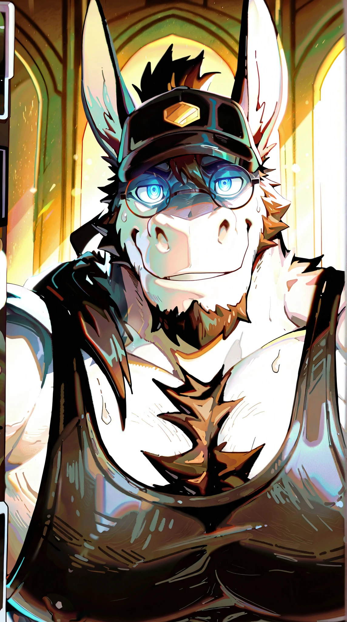 Safe_pos,masterpiece,best quality,amazing quality, 1boy, solo,anthro,Cornelius,face focus,smiling,side angle Cornelius a wild and crazy party animal frat boy donkey! Alone, solo, Cornelius works as a stripper in a gay bar, a fun donkey man! Muscular, mind control, enslaved, best Quality, high quality, ultra high resolution, soft glowing eyes, wearing a black baseball cap and matching black muscle tanktop and tight blue jeans, Exquisite Face, solo, alone, handsome, sexy, handsome, Chest muscles, chest hair, Abdominal muscles, null-ghost,Takemoto Arashi, Sexy. Score_9_up ,Score_8_up ,Score_7_up ,Score_6_up, best quality, masterpiece, alone, solo, 1boy, ((Cornelius is a middle-aged medium anthro muscular brown and tawny donkey with slick hairstyle and a ponytail, upbeat attitude, donk, gentleman, male, donkey, furry, strong jawline, stud, perfect donkey face, perfect hands, 5 fingers, no defects, smile, donkey ears, donkey tail, no markings, no watermark, donk, has brown hair, clean shaven goatee, masterpiece, best quality, Broad shoulders, wears tiny round glasses, high details, perfect eyes, award winning, highres, HD, 16k, fancy watch. Amazing Details, polished reflections, highly detailed face, no defects, no watermarks, perfect eyes. muscular, looking at viewer, front view, low angled view, bust portrait, first person. Details: fur texture detailed, strands of mane visible, light sweat glistening on muzzle, subtle erotic glow on lips and eyes, dramatic focus on facial expression of pride and sexual authority. Lighting: warm cinematic golden light, deep shadows enhancing face structure, close framing for intensity, throne room or savanna sky background blurred for focus. Style: smooth anime-furry hybrid, cinematic close-up, ultra detailed anatomy of face, alpha male energy, erotic but regal, perfect proportions.