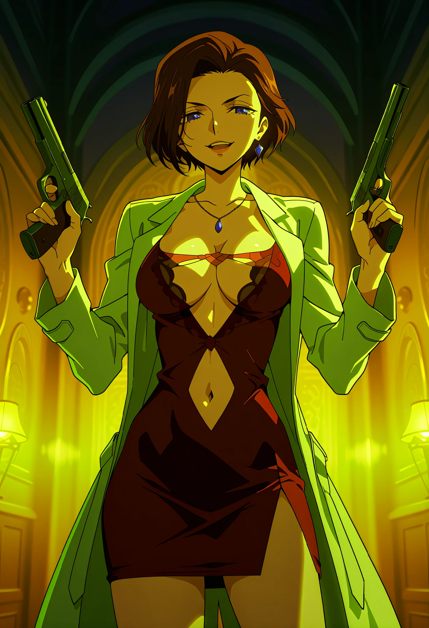 general,highres, ultra-detailed,very aesthetic,best quality ,best hands,best eyes,easynegative,
dynamic anglre,, anime cloring,anime screencap,
1girl solo,looking at viewer,
Sophie Landel,brown_hair, short_hair, blue_eyes, lipstick, earrings, ,labo coat, red dress, masterpiece, best quality, highly detailed, a girls in short dress with navel cutout posing for a picture, evil
smile, smile, open mouth, () , revealing dress, beautiful dress center opening ,
short dress with bellybutton showing, official artwork, exposed navel, exposed bellybutton, jewelry,
earrings, complex detailed background, casino environment, fancy
interior environment, rich interior, holding a gun, holding pistol, side slit ,
navel cutout, exposed navel, exposed bellybutton, navel , european architecture, palace,
slip, milk dripping from , large ,looking at viewer , dragon tattoo on waist, narrowed eyes, tattoo on waist, anipai_style , anime screencap , anime coloring, v-shape eyebrows,