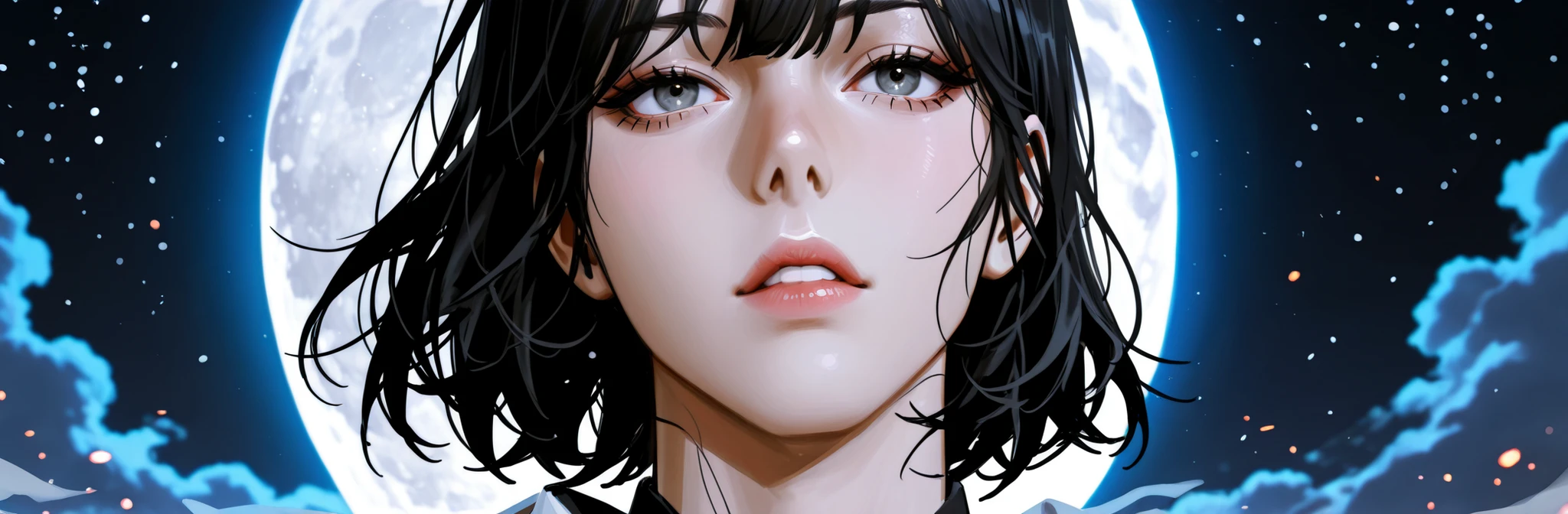 A close up of a person standing in front of a full moon., Han Sooyoung, an attractive young woman in demon hunter art, by Yang J, female anime character, handsome sensual woman from anime, Anime portrait of a beautiful woman, female anime style, work of art in the style of guweiz, gray eyes, STUNNING ANIME FACE PORTRAIT, by Ni Tian, detailed anime character art, beautiful androgynous princess