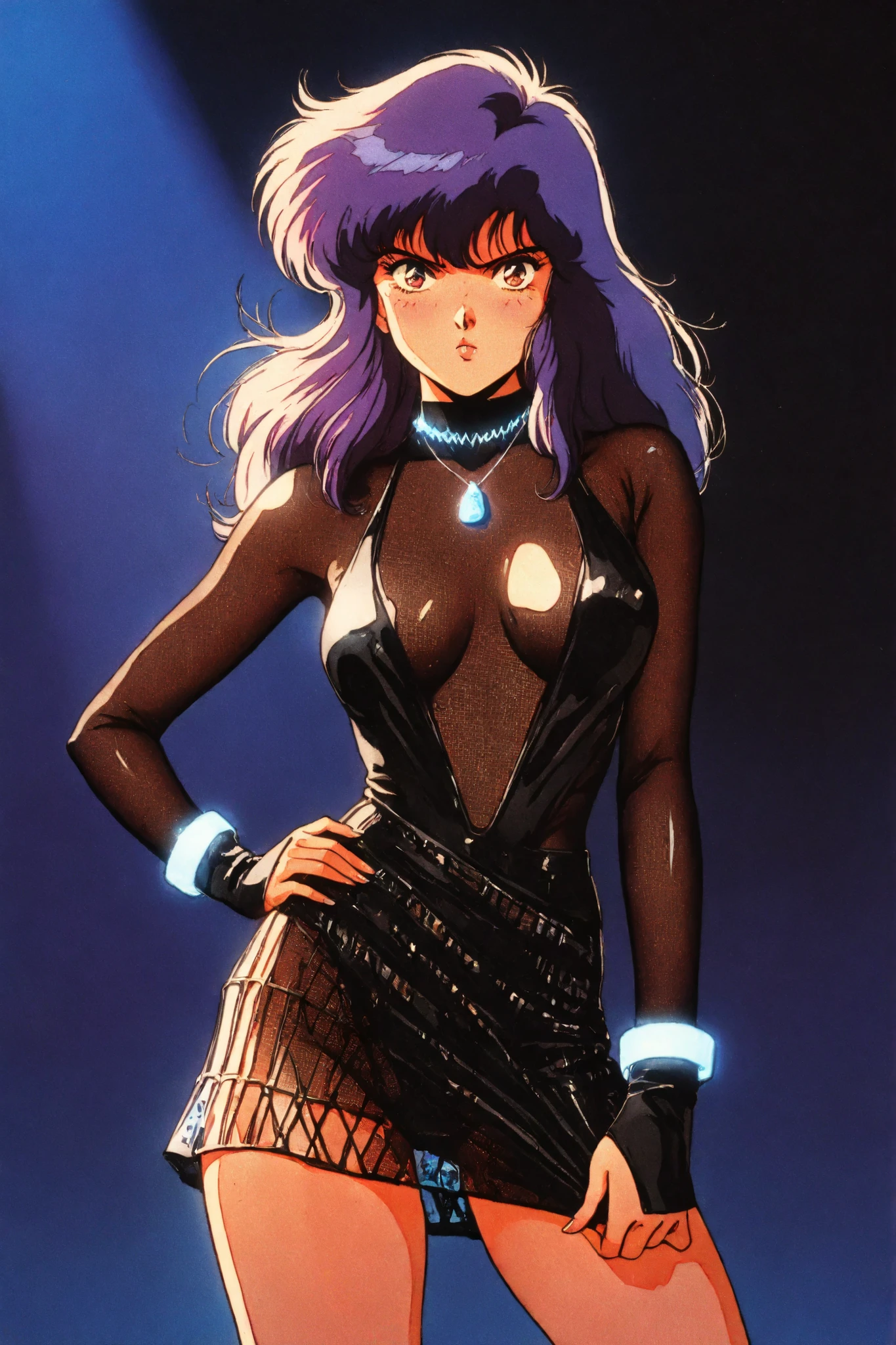 ,retro anime, classic anime, manga, vintage, flat colors, bold lines, matte, faded colors, retro. (artistic, evocative, sexy, dramatic). Very close view, gigantic ass,masterpiece,best quality,highres,Hayase Misa,blue long hair, eyes,1girl,solo,1980s \(style\),retro artstyle,cowboy shot,black latex halter bodysuit,with sheer mesh overlay skirt,platform sneakers,futoshi slim,club lighthing,looking at viewer,masterpiece,best quality,highres,discotheque, eyes,1girl,solo,1980s \(style\),retro artstyle,cowboy shot,pouty gloss,futoshi ,looking at viewer, oiled legs, thick thighs, silver cuffs, at the nightclub, dark liner, glowing neon necklace,