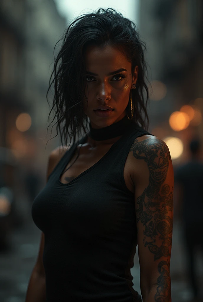 Photorealistic image of a 25 year old girl, very pretty, goddess of beauty, Caucasian, very long curly orange roo hair that cascades with tousled curls over his , disheveled, big , postapocalyptic dress, tight black leather pants, black tactical combat boots, inspired by a mix of author Simon Bisley and the Mad MAX movies, thighs with muscles, fit, big  and narrow waist, esta muy fit, very feminine,open black leather jacket, Heroic pose, challenging and sensual look,(((orange red hair 1.40,),intricate eyes,green eyes, detailed and expressive eyes detailed eyes,symmetrical eyes,(((parts on the face,parts,freckled girl))),(((shiny skin:1.5,shiny skin: 1.5,tanned skin,shiny skin,very shiny skin,shiny body,plastic glitter skin,exaggerated shiny skin,illuminated skin,wet legs, moist skin))),(detailed body,(Very detailed face)),linda,,,((())),Revealing clothing,show skin,((Visible  straps)),((briefs strap)),,with Small clothing),((wet clothes,intricate costume,intricate and tight clothing)),(dynamic pose:1.0),focus alone,ashamed,(centered,Scale to fit dimensions,rule of thirds),cyberpunk city at night, with bright neon signs and dark stormy clouds and puddles, scenery:1.25,evening, Starry Night, cosmos,evening muy oscura que resalta las luces de neón., Very bright neon lights,evening, Starry Night, cosmos,Artistic photography,(Photograph taken by SLDR),high resolution, sharp focus, (ultra detailed, extremely detailed), (photorealistic artwork:1.37),(extremely detailed CG unity 8k wallpaper),((synth wave background theme)),(((vibrant colors))),(intricate background),(Masterpiece),(Best Quality), Various poses