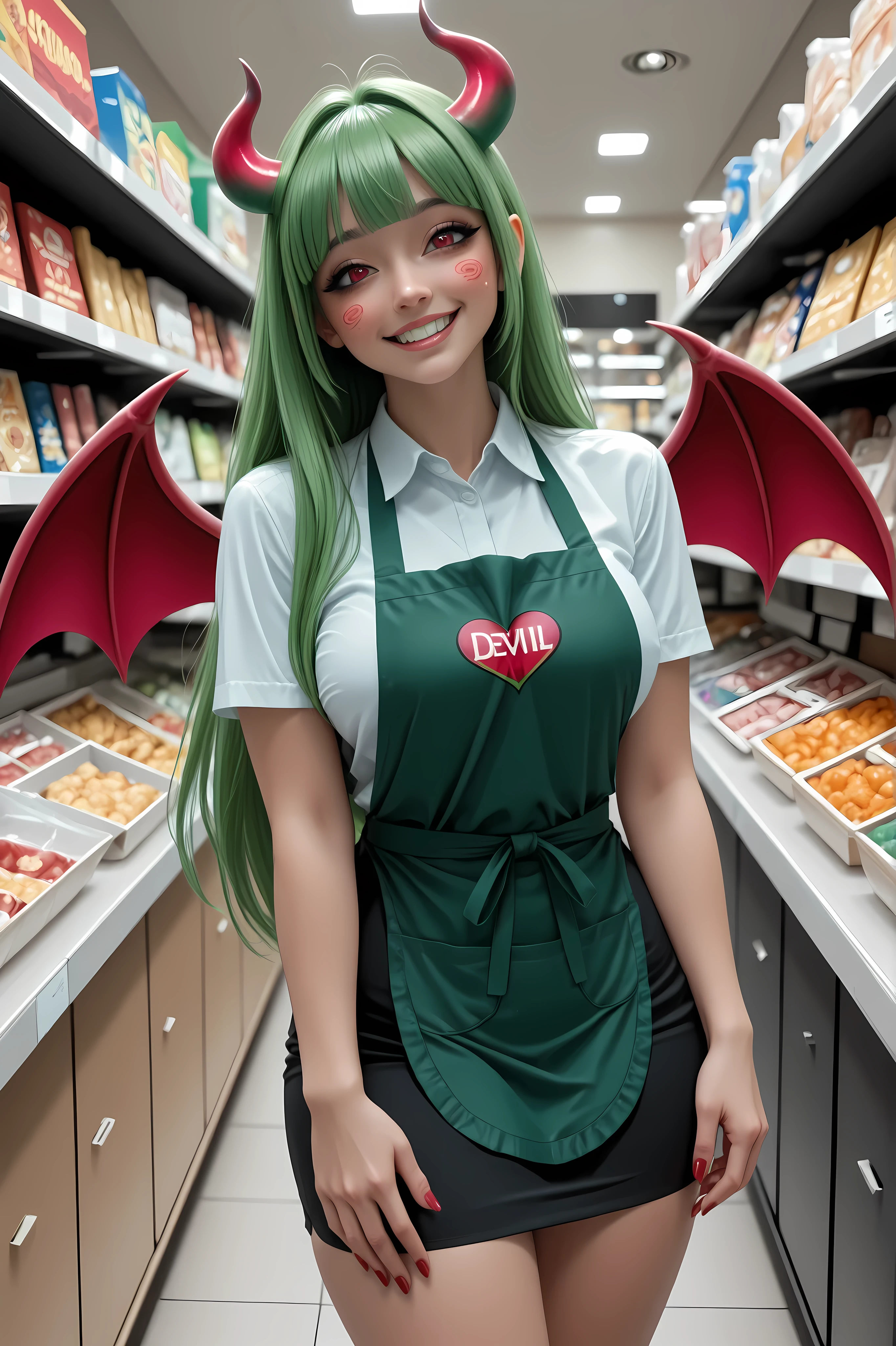 Vannamelon, red eyes, green hair, long hair,tall girl,adult, Succubus girl, horn, devil wings, pencil skirt, shop uniform, shop apron, name tag, big smile