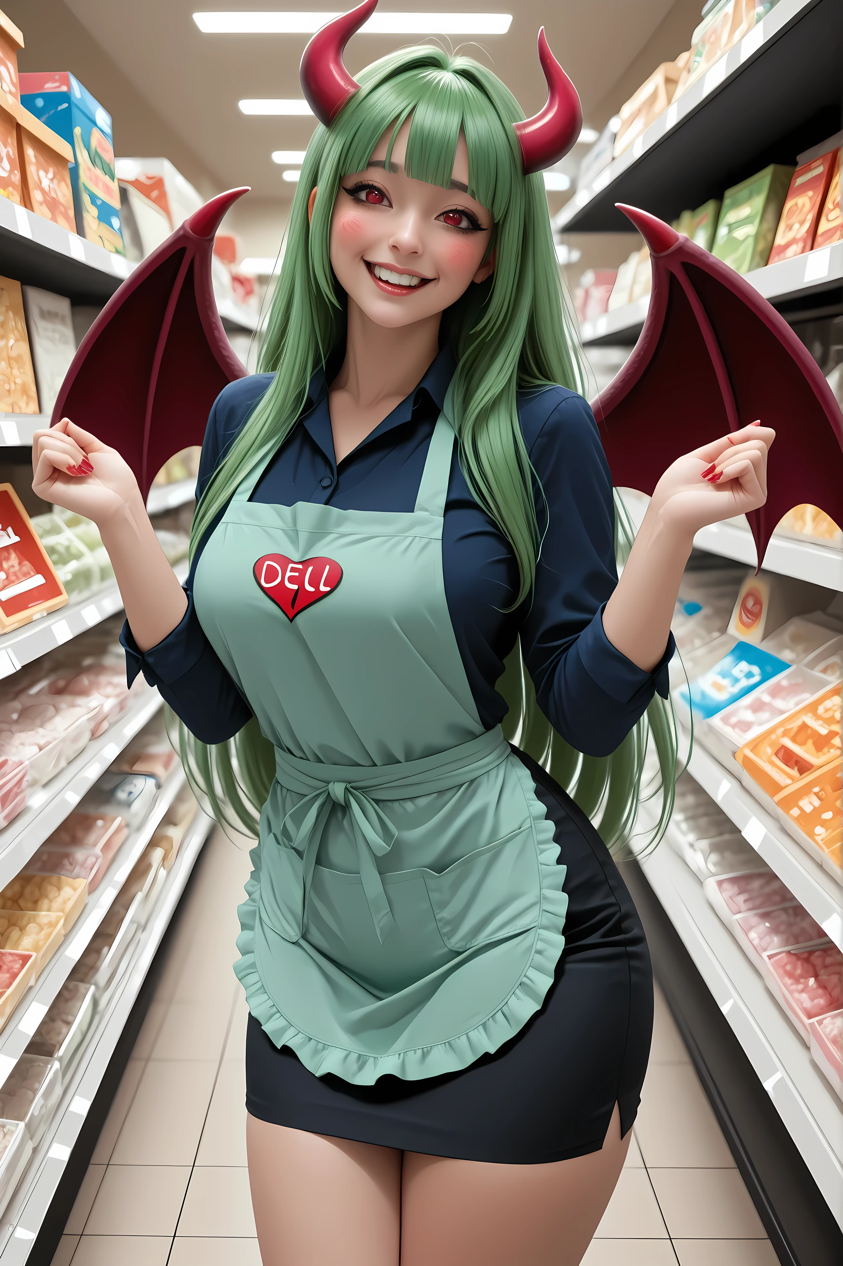 Vannamelon, red eyes, green hair, long hair,tall girl,adult,  Succubus girl, horn, devil wings, pencil skirt, shop uniform, shop apron, name tag, big smile