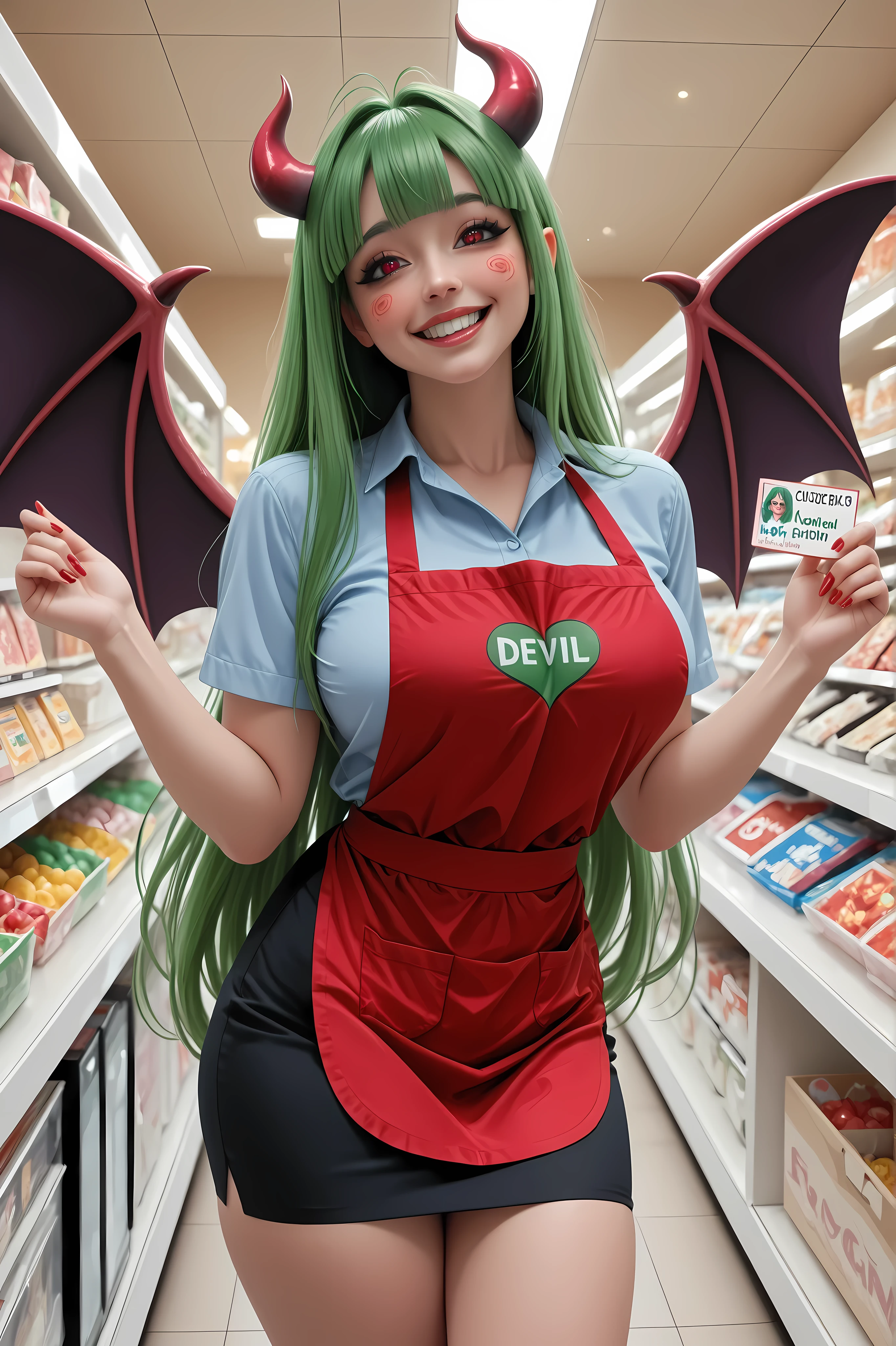 Vannamelon, red eyes, green hair, long hair,tall girl,adult, Succubus girl, horn, devil wings, pencil skirt, shop uniform, shop apron, name tag, big smile