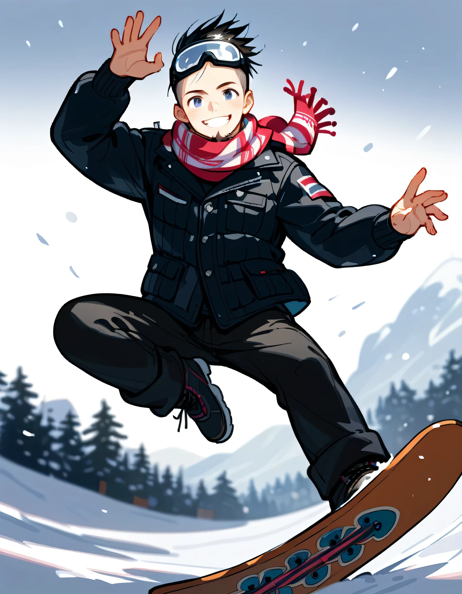 undersideview, (dynamic jumping snowboarder on board, ready to ride pose), looking at viewer,man,grin,40years old,(portrait),(The face of an old man with dignity),man's eyes,man's nose,man's mouth,(black short spiked hair),forehead,sidecut,undercut,beard,muscle:0.6,ski resort, slalom, snow goggles,knit scarf,flashy winter snowboarder's clothing and winter cargo pants,snowboard boots, complex structure,manga style,sketch,