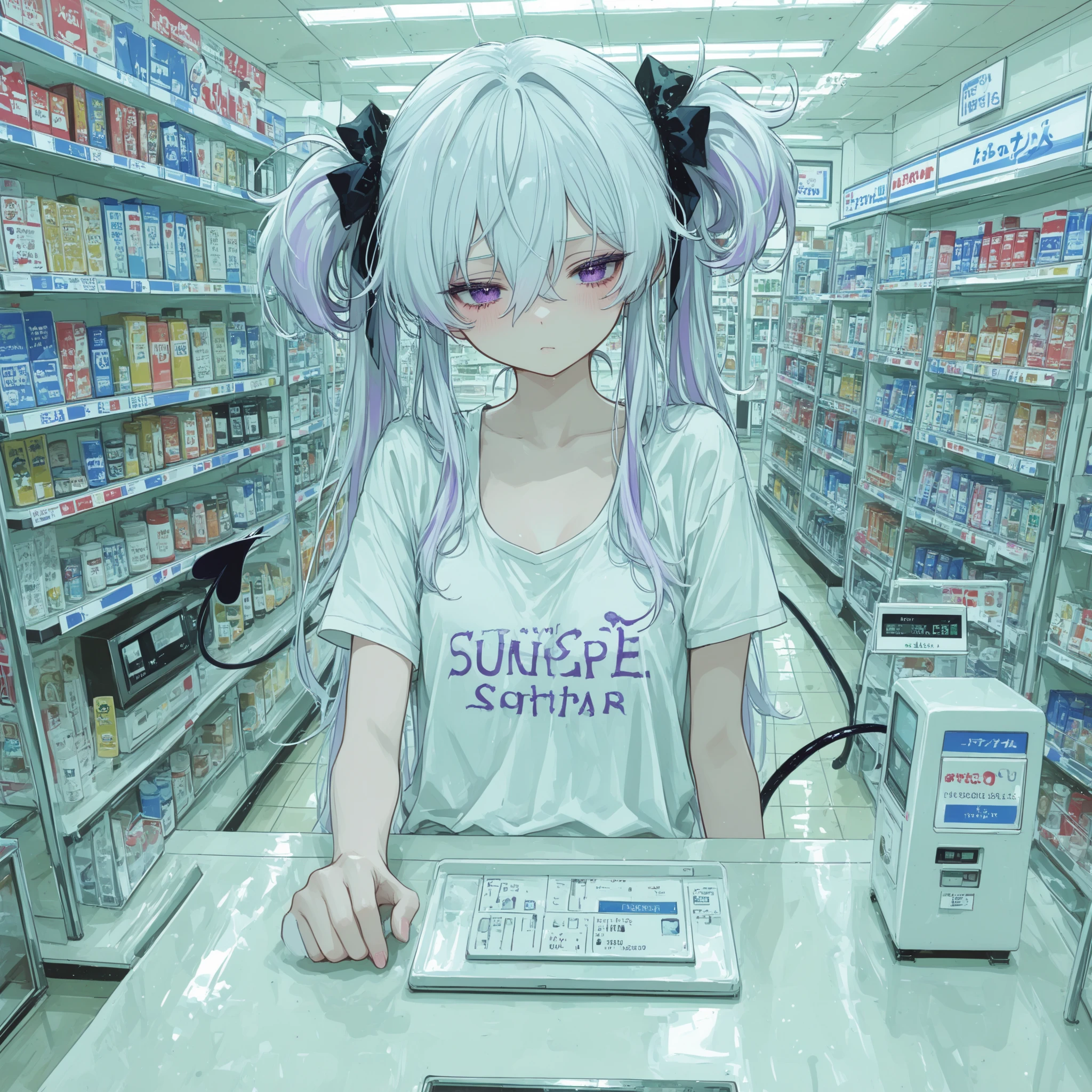 (Cute a girl:1.5), (Off-the-shoulder white plain T-shirts, black sarouel pants:1.1),(masterpiece:1.3), anime visual, (Lovey-dovey:1.5), (tilt head:1.3), extremely delicate face, realistic lighting and shading, (an extremely delicate and beautiful art:1.3),15 years old,smiling,(pale purple wavy and blunt bangs hair,green and black eyes:1.5),smiling,from front,fullbody shot,full body shot,At a night lesson, with sports towels around their necks and drinking water from plastic bottles,night lit,