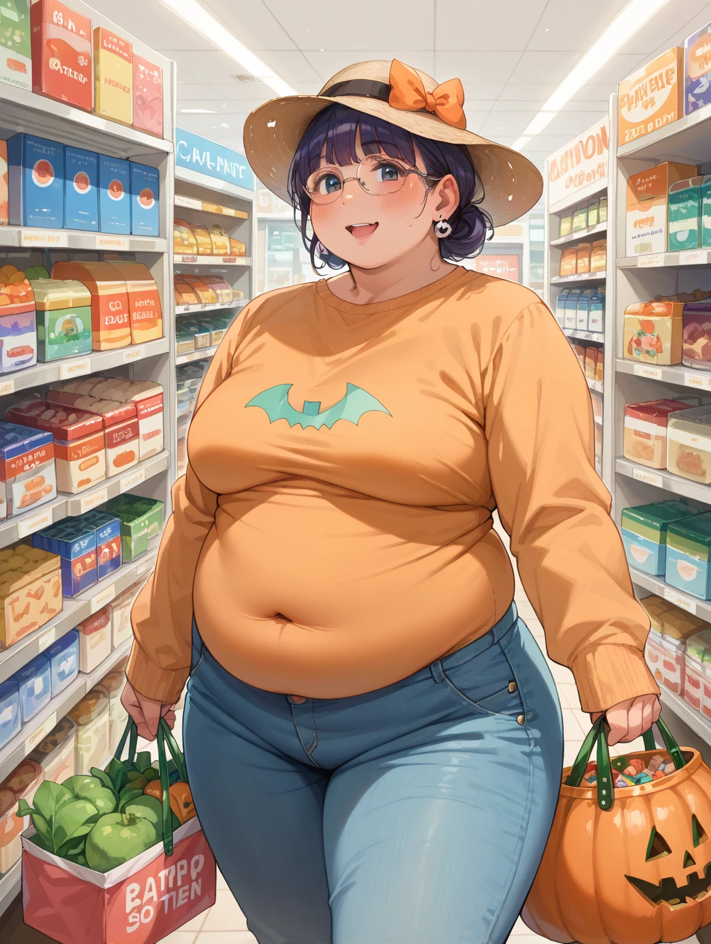 ((highres)), Masterpiece, high quality, best quality, beautiful, perfect lighting, detailed face, ultra cute face, cowboy shot, ((1girl)), ((solo)), looking at viewer, , ((blushing)), shocked, embarrassed, short orange hair, green eyes, glasses, freckles, jeans, tank top, jacket, tight clothes, full body, grocery store, standing in a grocery store, hand on hip,  , perky , cleavage, ((wide )), ((thick thighs)), chubby, 