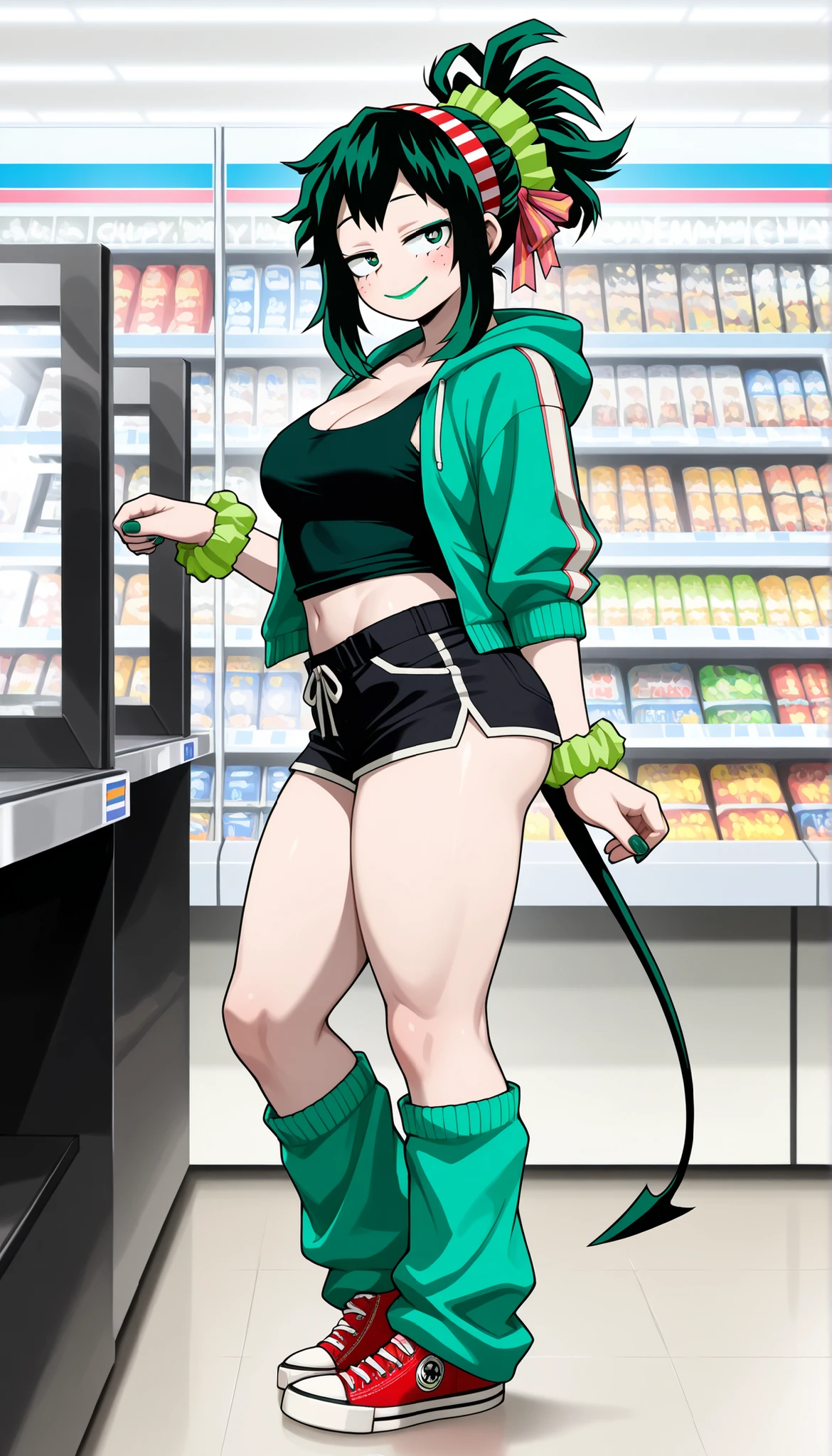 ((Highest Quality)), ((Convenience store background)), (My Hero Academia Style), (by day), 1female, female, medium Breast, thighs, hips, thick shins, solo, Athletic body, tall, standing, Midoriya Izuku, gender bender, half-closed eyes, green eyes, (very messy hairstyle), medium hair, ribbon, bow, hair ribbon, hairband, hair bow, pale skin, dark green nail polish, Gyaru, pale green loose leg warmers, Red Converse, Converse, neon green lipstick, neon green hair, green scrunchie wrist, cleavage, black short shorts, sleeveless green tank top, midriff, green half putting open hoodie jacket, neon green eyeshadow, dark green Demon tail, Long Demon tail, seductive smile, mischievous look, sexy pose, sexy Gyaru, ((droopy eyes)), From Side, Buying condoms, buying at the counter, buying in the store, buying, buying at the store counter,