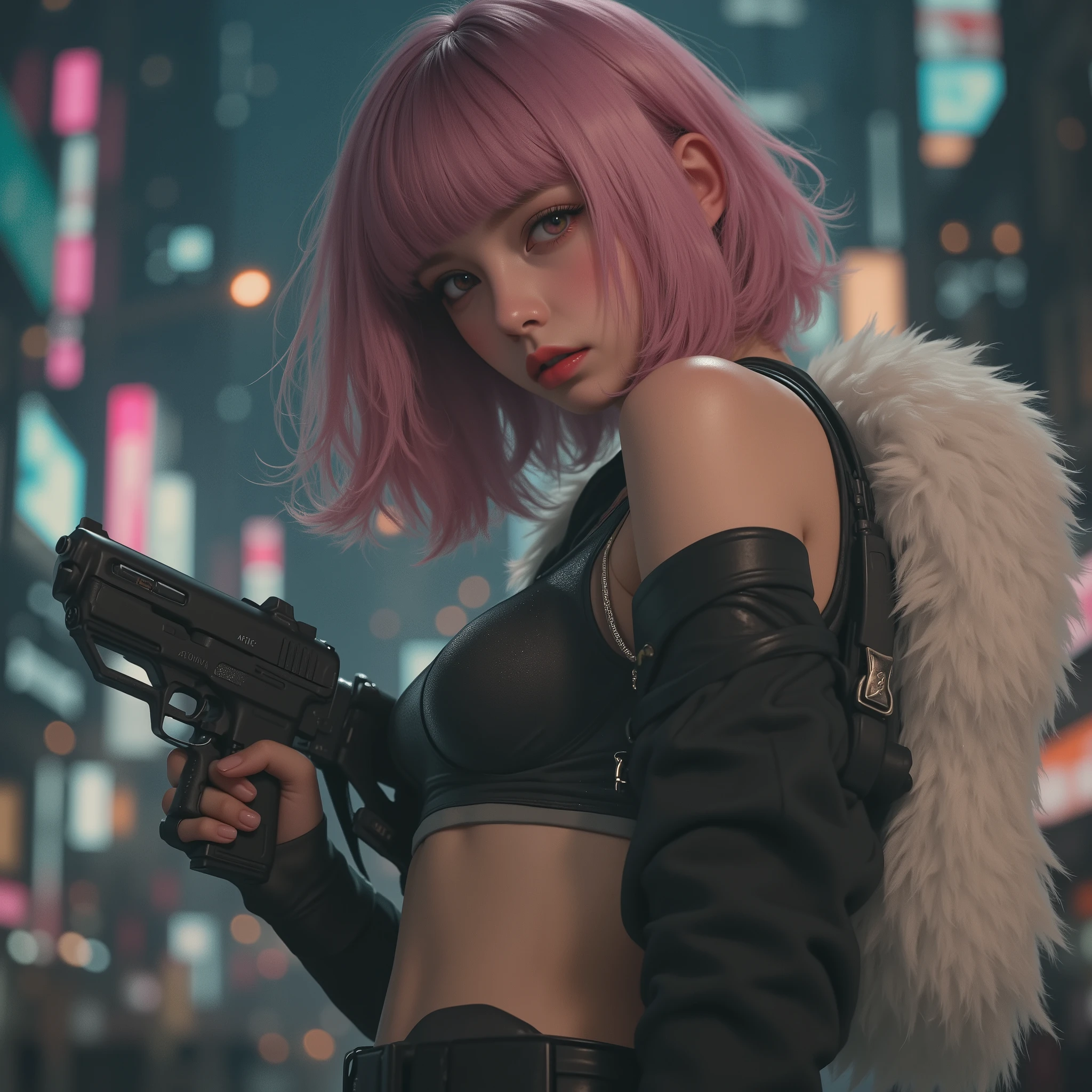 Photo Real、realistic skin texture、tight cyberpunk fashion、Fluffy Shoulder-Length Hair、dim cyberpunk city、beautiful pink eyes、pink hair、gun