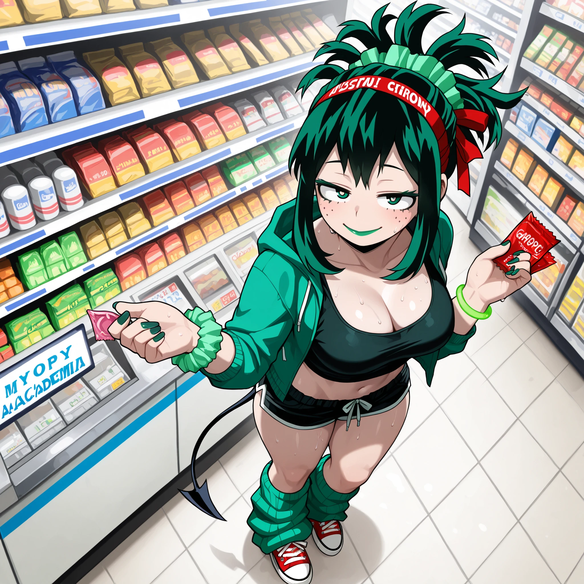 ((Highest Quality)), ((Convenience store background)), (My Hero Academia Style), (by day), 1female, female, medium Breast, thighs, hips, thick shins, solo, Athletic body, tall, standing, Midoriya Izuku, gender bender, half-closed eyes, green eyes, (very messy hairstyle), medium hair, ribbon, bow, hair ribbon, hairband, hair bow, pale skin, dark green nail polish, Gyaru, pale green loose leg warmers, Red Converse, Converse, neon green lipstick, neon green hair, green scrunchie wrist, cleavage, black short shorts, sleeveless green tank top, midriff, green half putting open hoodie jacket, neon green eyeshadow, dark green Demon tail, Long Demon tail, seductive smile, mischievous look, sexy pose, sexy Gyaru, ((droopy eyes)), From Above, Buying condoms, buying at the counter, buying in the store, buying, buying at the store counter, (holding Pack of condoms), (pack of condoms), (Sweating), (sweaty girl),
