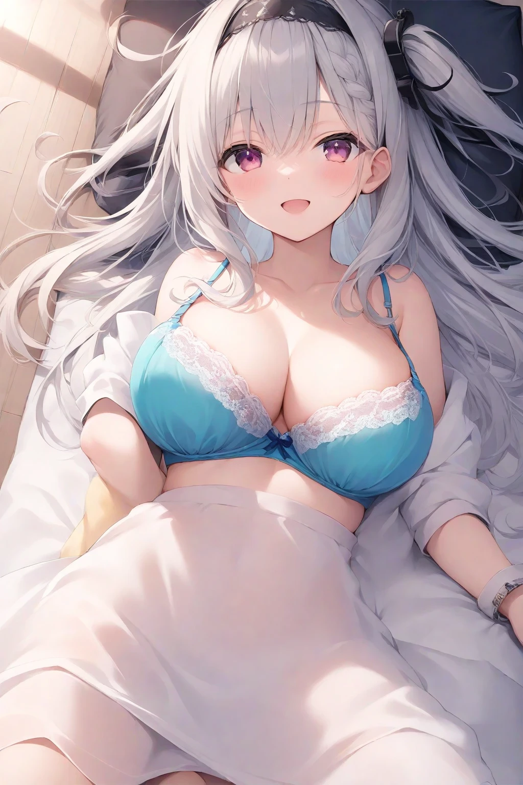 ((Mastepiece)), ((Best Quality)), (Very detailed), ((cute)), ((Very detailedな顔)), 4K, (8k), Highest quality, (beautiful), ((????????????)), ((???????????)),((Plump ???????)), ((Light blue long twin tails)), (((Lace Lingerie，See-through))), ((White lace stockings))，(((Lying in bed)))，((Perfect body))，blush、Captivating body