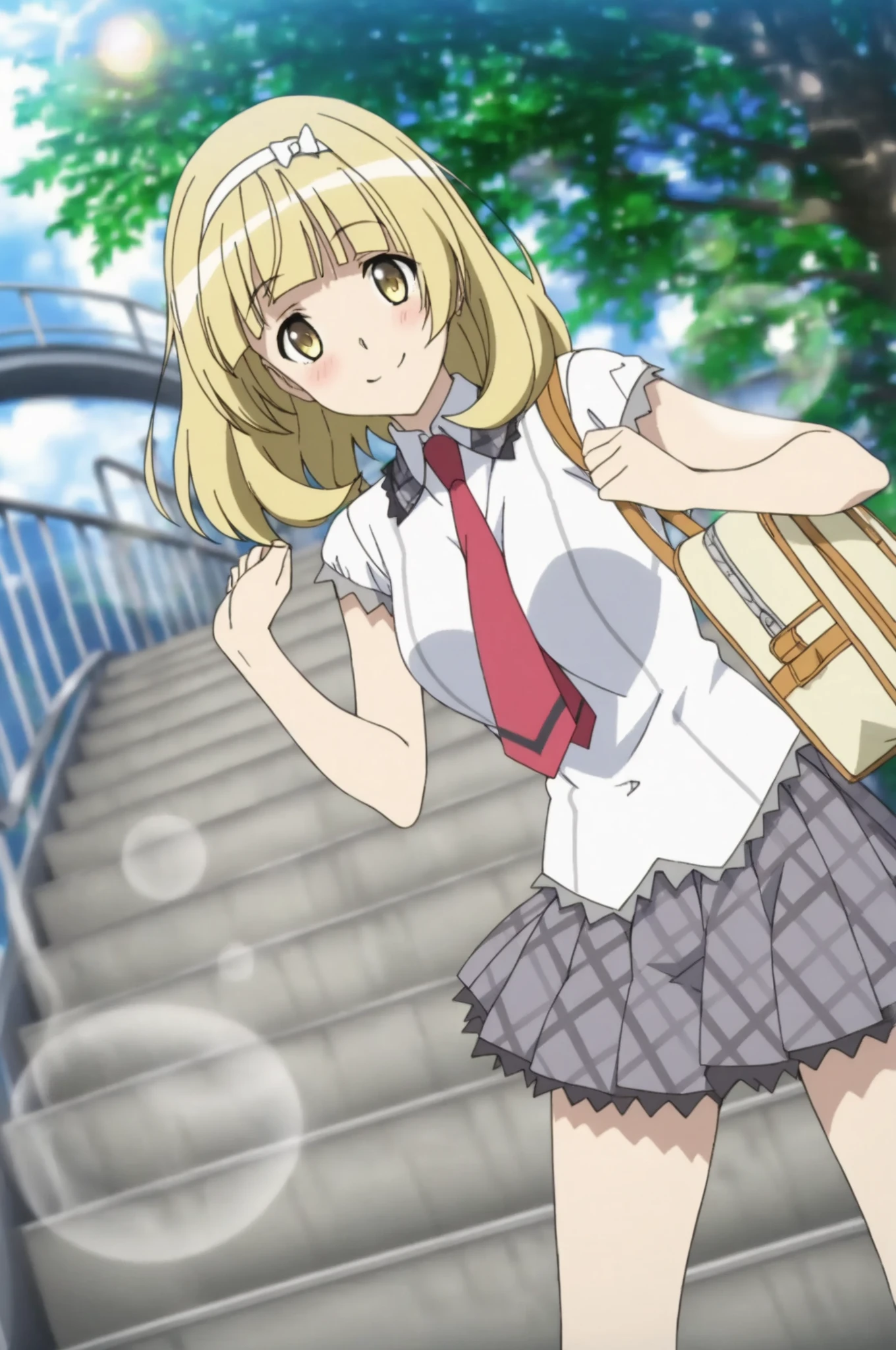 score_9, score_8_up, score_7_up, outdoor、lens flare、Pedestrian bridge stairs,,smile,solo,terasima,yellow_eyes ,hairband,blonde_hair , ロングヘア、school_uniform, shirt, short_sleeves, pleated_skirt, red_necktie,、Blush、Dutch Angle、dynamic pose、Dynamic Angle、angle from below、パンティー