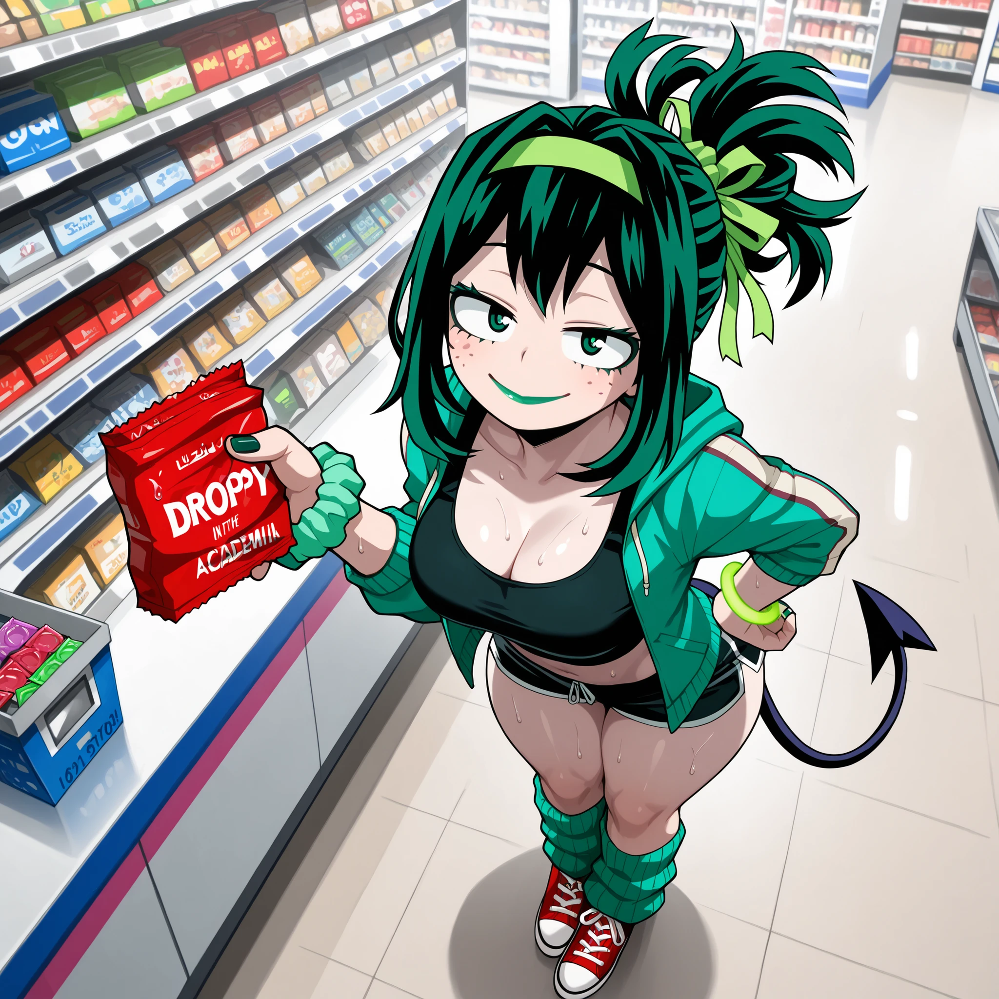 ((Highest Quality)), ((Convenience store background)), (My Hero Academia Style), (by day), 1female, female, medium Breast, thighs, hips, thick shins, solo, Athletic body, tall, standing, Midoriya Izuku, gender bender, half-closed eyes, green eyes, (very messy hairstyle), medium hair, ribbon, bow, hair ribbon, hairband, hair bow, pale skin, dark green nail polish, Gyaru, pale green loose leg warmers, Red Converse, Converse, neon green lipstick, neon green hair, green scrunchie wrist, cleavage, black short shorts, sleeveless green tank top, midriff, green half putting open hoodie jacket, neon green eyeshadow, dark green Demon tail, Long Demon tail, seductive smile, mischievous look, sexy pose, sexy Gyaru, ((droopy eyes)), From Above, Buying condoms, buying at the counter, buying in the store, buying, buying at the store counter, (holding Pack of condoms), (pack of condoms), (Sweating), (sweaty girl),