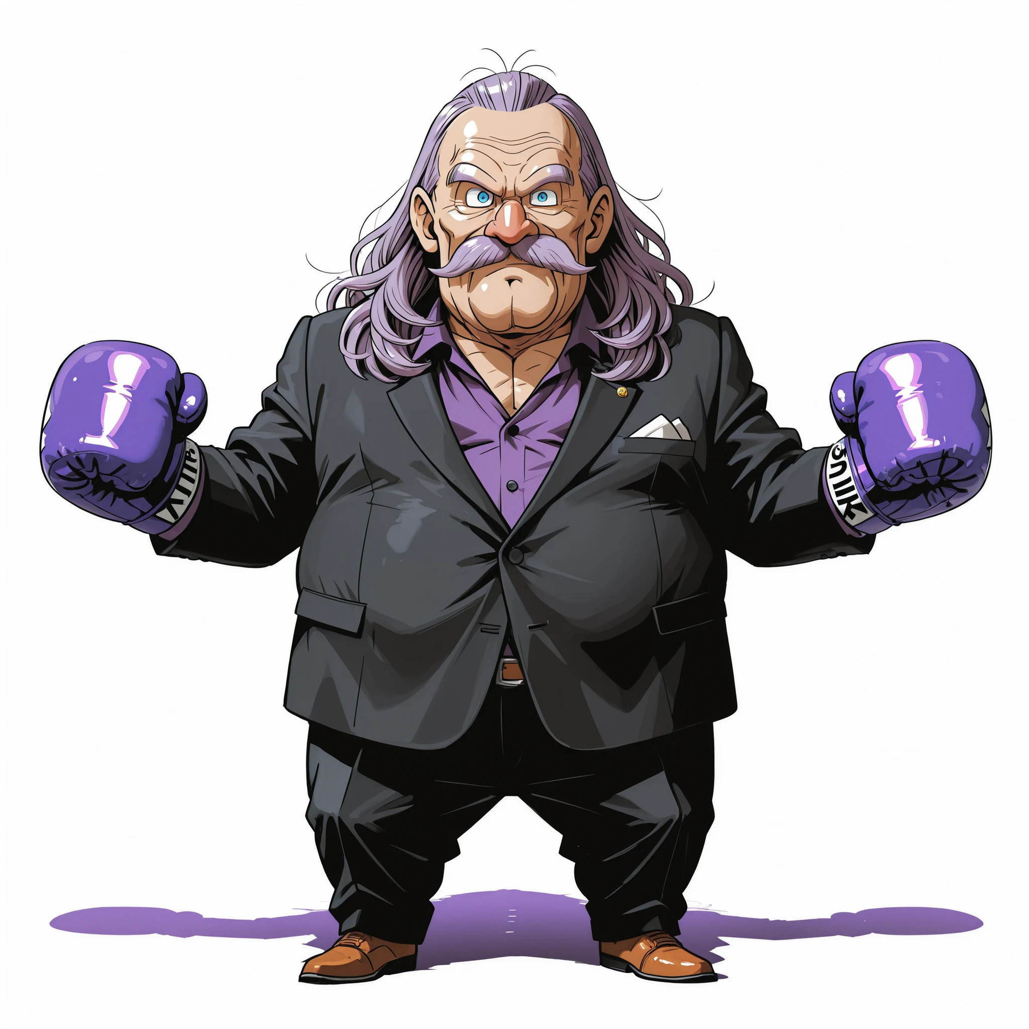 (male), (old man), (blue eyes), (purple long hair), (full mustache),), ((solo), (single character), (full body version), (white background), (no background), (highly detailed), (shadow), (natural light), (detailed outfit), (detailed hand), (detailed face), (detailed hair), (front shot camera picture),
Wearing a mafia suit style outfit with open collar, boxing gloves on both hands, standing in a confident mafia boxer pose, (dragon ball style art), very fat body, Giant body, big nose