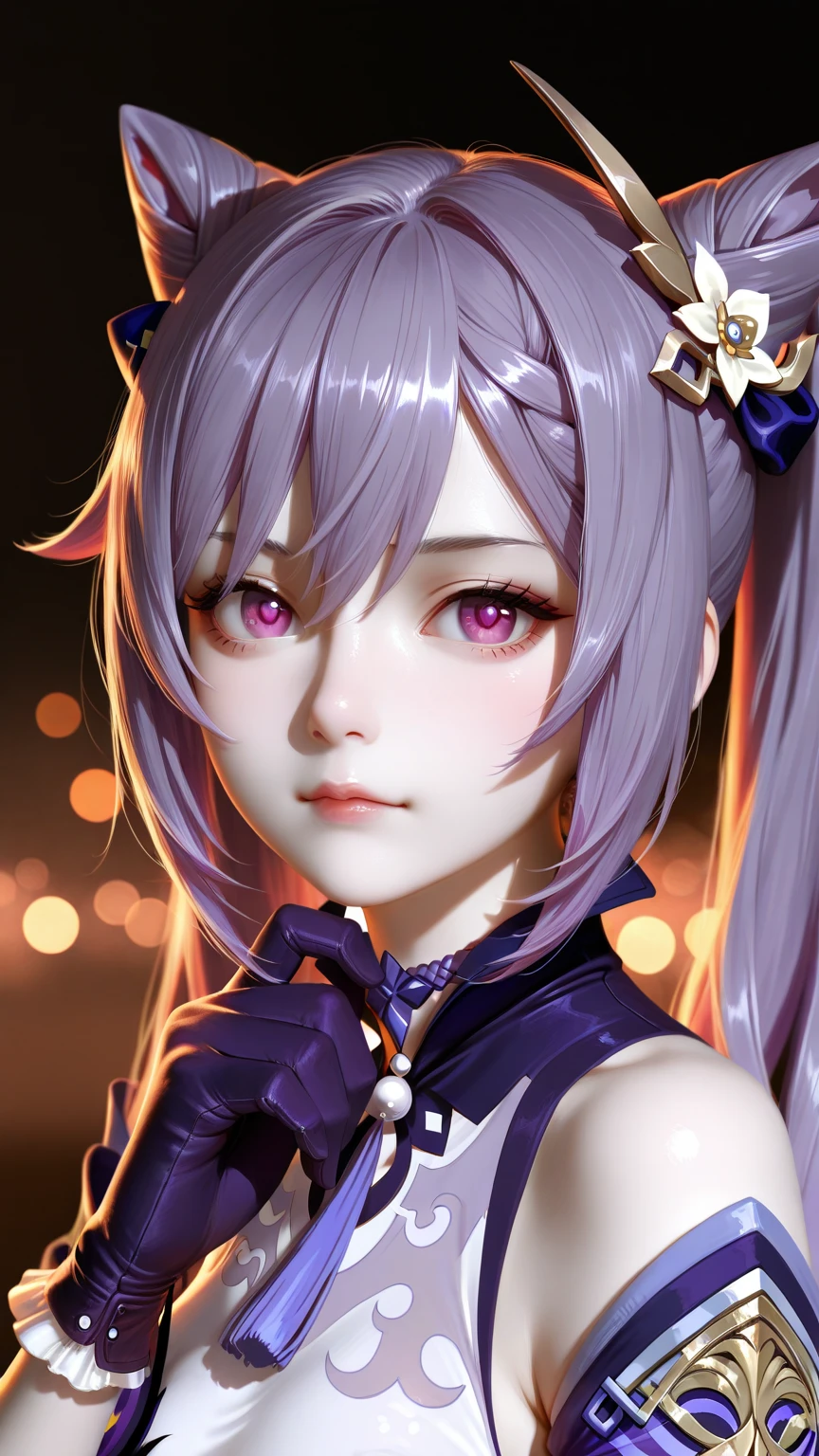 ((keqing from genshin impact)), long purple hair, big purple eyes, light blue metallic bikini, pinup style, , , minimalist, ((pov)), ((realistic)), (( lips)), minimalist, lonely, monochromatic color palette, soft lighting, (()), perfect , thin, ((solid black background)), ((looking at viewer)),