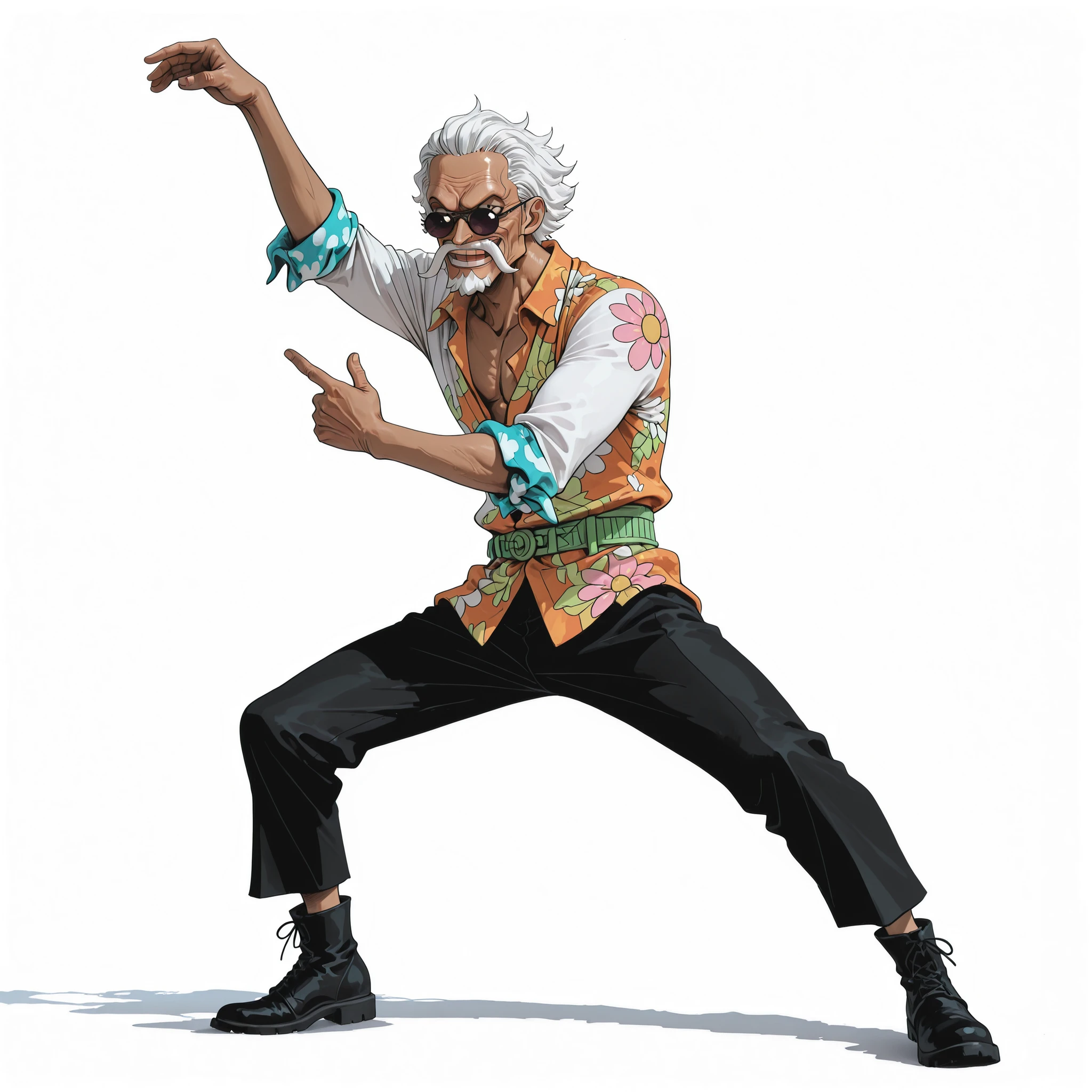 (male), (old man, Slim body), (tall body), (dark skin), (short white hair), (thin mustache and goatee), (sharp eyes behind square sunglasses), (calm confident face), (solo), (single character), (full body version), (white background), (no background), (highly detailed), (shadow), (standing relaxed pose), (natural light), (detailed outfit), (detailed face), (detailed hair)
Wearing a colorful formal Hawaiian suit with matching trousers, a bright shirt underneath, boots, armor iron body and arm, (One piece style art)