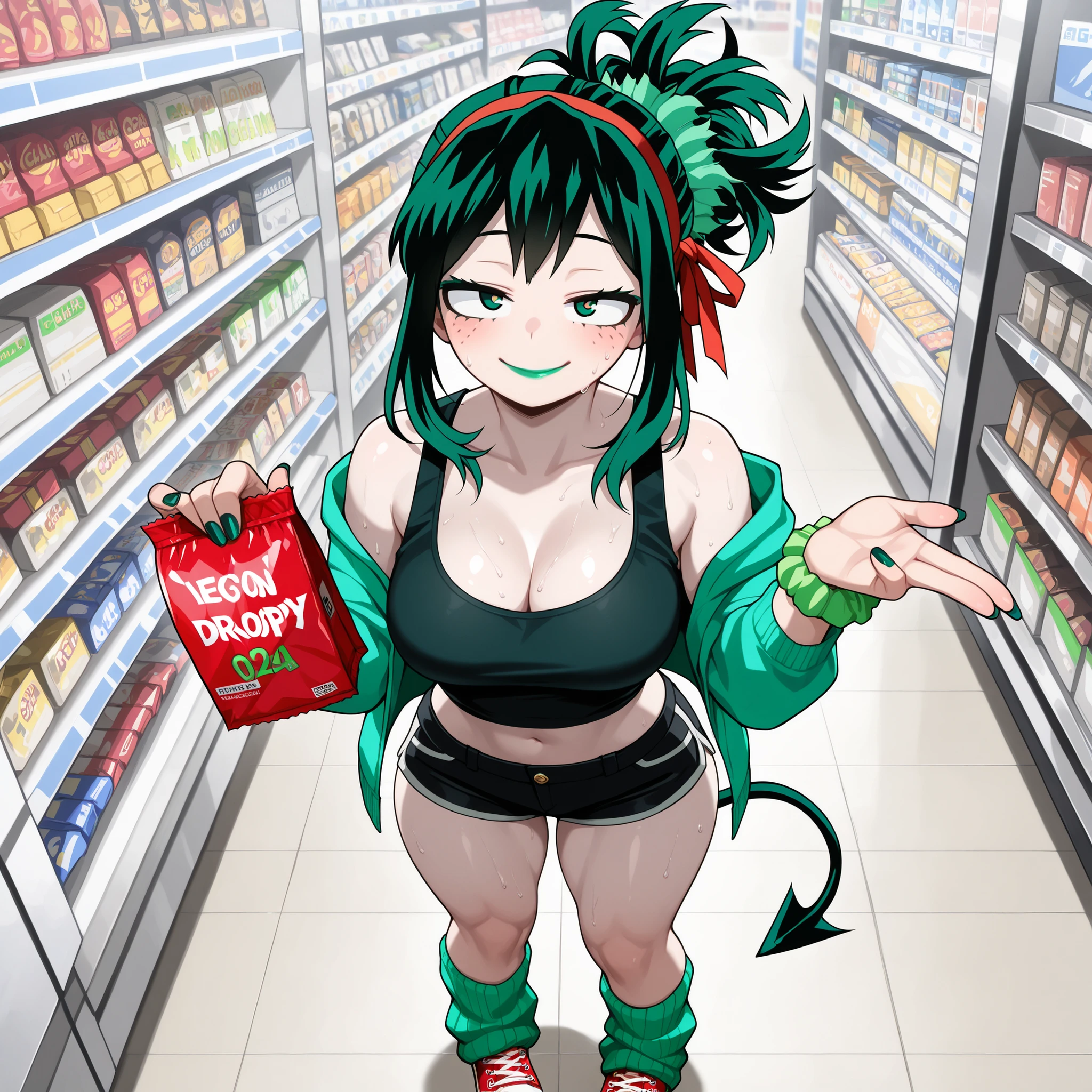((Highest Quality)), ((Convenience store background)), (My Hero Academia Style), (by night), 1female, female, medium Breast, thighs, hips, thick shins, solo, Athletic body, tall, standing, Midoriya Izuku, gender bender, half-closed eyes, green eyes, (very messy hairstyle), medium hair, ribbon, bow, hair ribbon, hairband, hair bow, pale skin, dark green nail polish, Gyaru, pale green loose leg warmers, Red Converse, Converse, neon green lipstick, neon green hair, green scrunchie wrist, cleavage, black short shorts, sleeveless green tank top, midriff, green half putting open hoodie jacket, neon green eyeshadow, dark green Demon tail, Long Demon tail, seductive smile, mischievous look, sexy pose, sexy Gyaru, ((droopy eyes)), From Above, Buying condoms, buying at the counter, buying in the store, buying, buying at the store counter, (holding Pack of condoms), (pack of condoms), (Sweating), (sweaty girl),