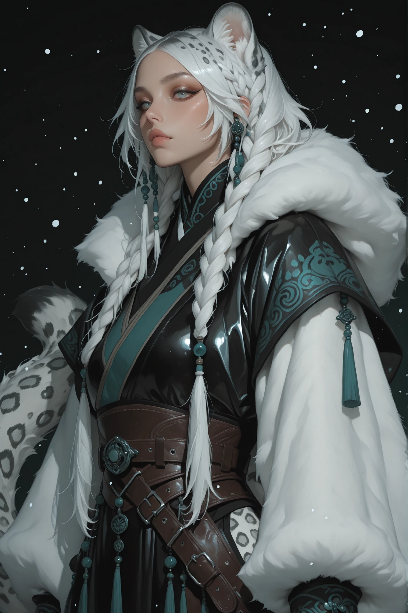 Female snow leopard demihuman, wearing 12th-century Mongolian nomadic clothing, long fur-trimmed deel robe, leather belt, turquoise jewelry, braided hair with beads, snow leopard ears and thick spotted tail