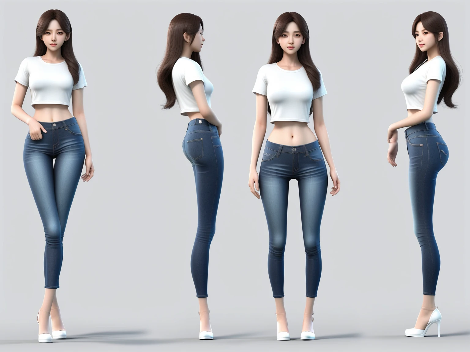 (masterpiece, best quality), chara-sheet, 1girl, tan skin, (black hair, pigtails), flat , black tank, short jean, simple backgound, <lora:character-sheet-03:1.0>